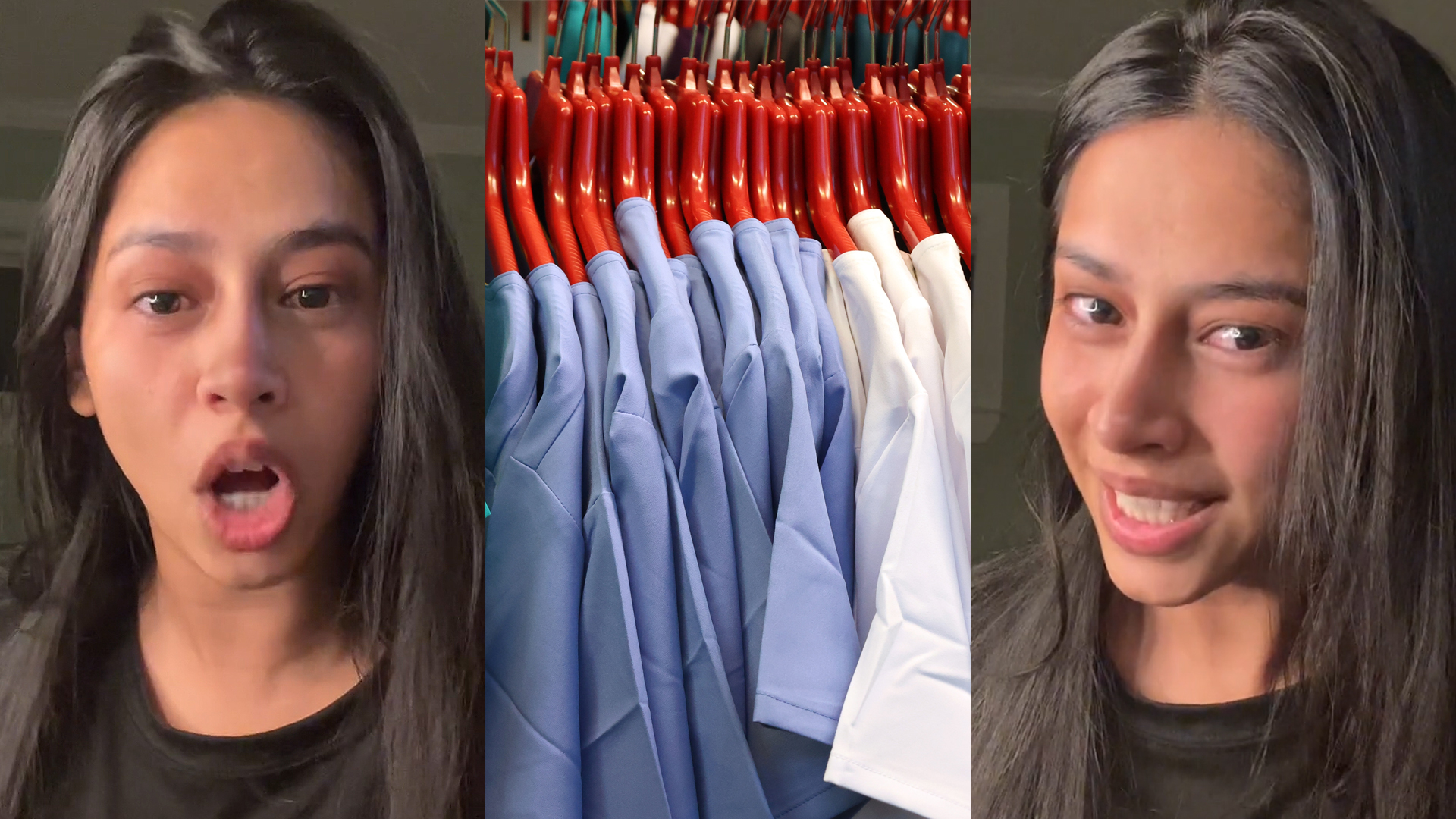 woman speaking in front of gray wall (l) Health care clothing on hangers (c) woman speaking in front of gray wall (r)