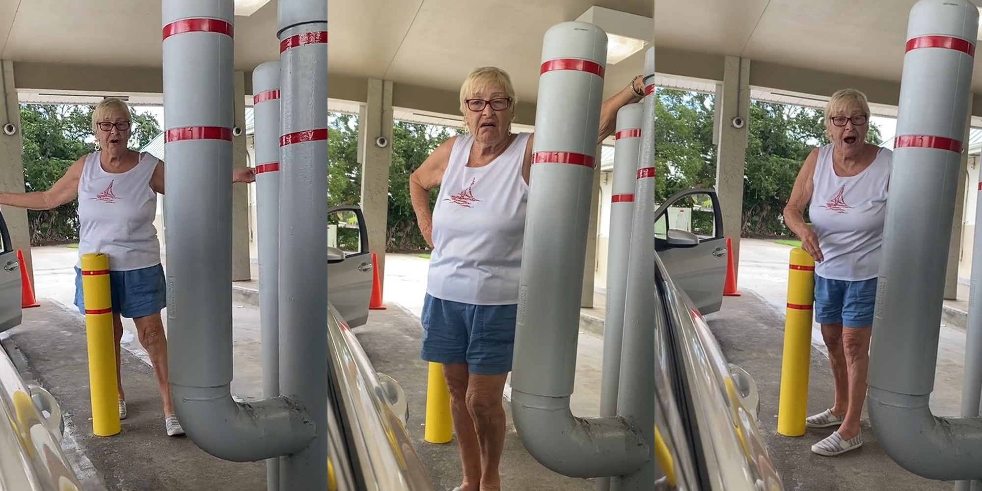 woman standing at bank machine outside yelling with arms up (l) woman leaning against bank machine outside speaking (c) woman standing next to bank machine outside yelling (r)