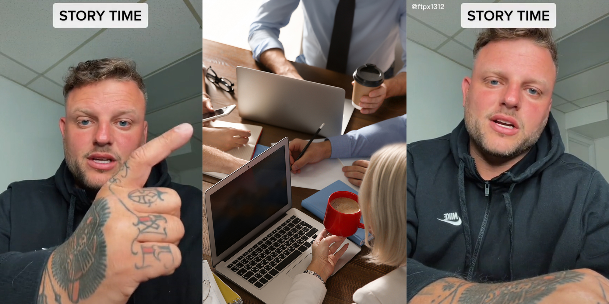 man pointing with caption "Story time" (l&r) work meeting (c)