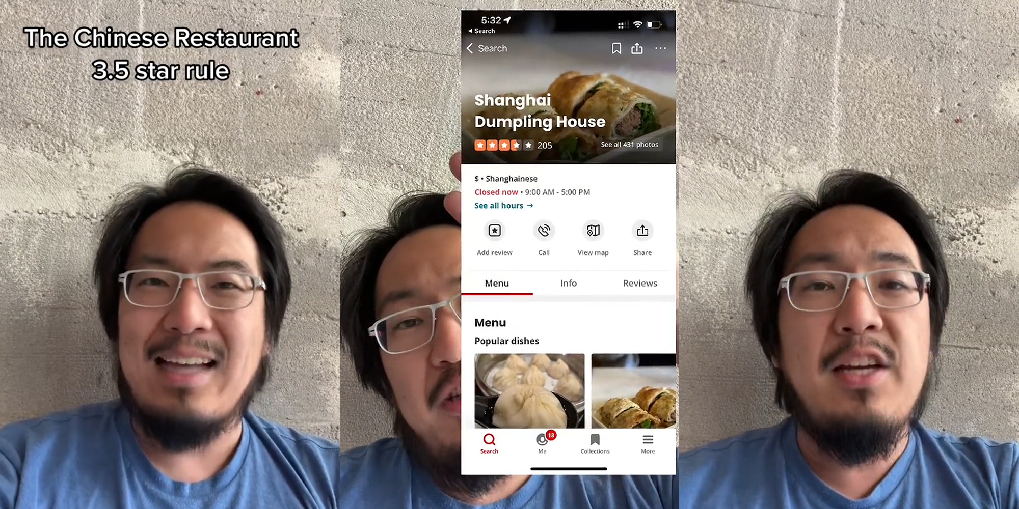 man speaking in front of concrete wall caption "The Chinese Restaurant 3.5 star rule" (l) man speaking in front of concrete wall with image of Shanghai Dumpling House reviews with 3.5 stars (c) Man speaking in front of concrete wall (r)