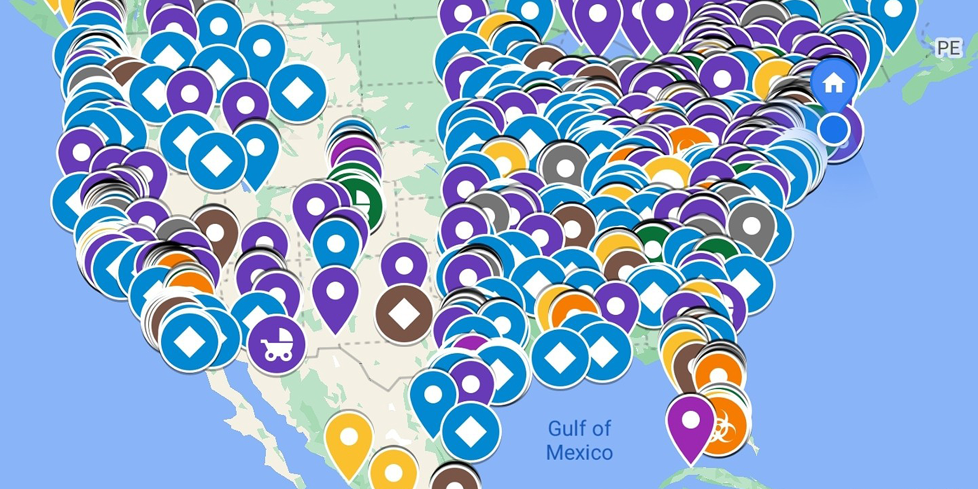 Google Maps image of United States with pins