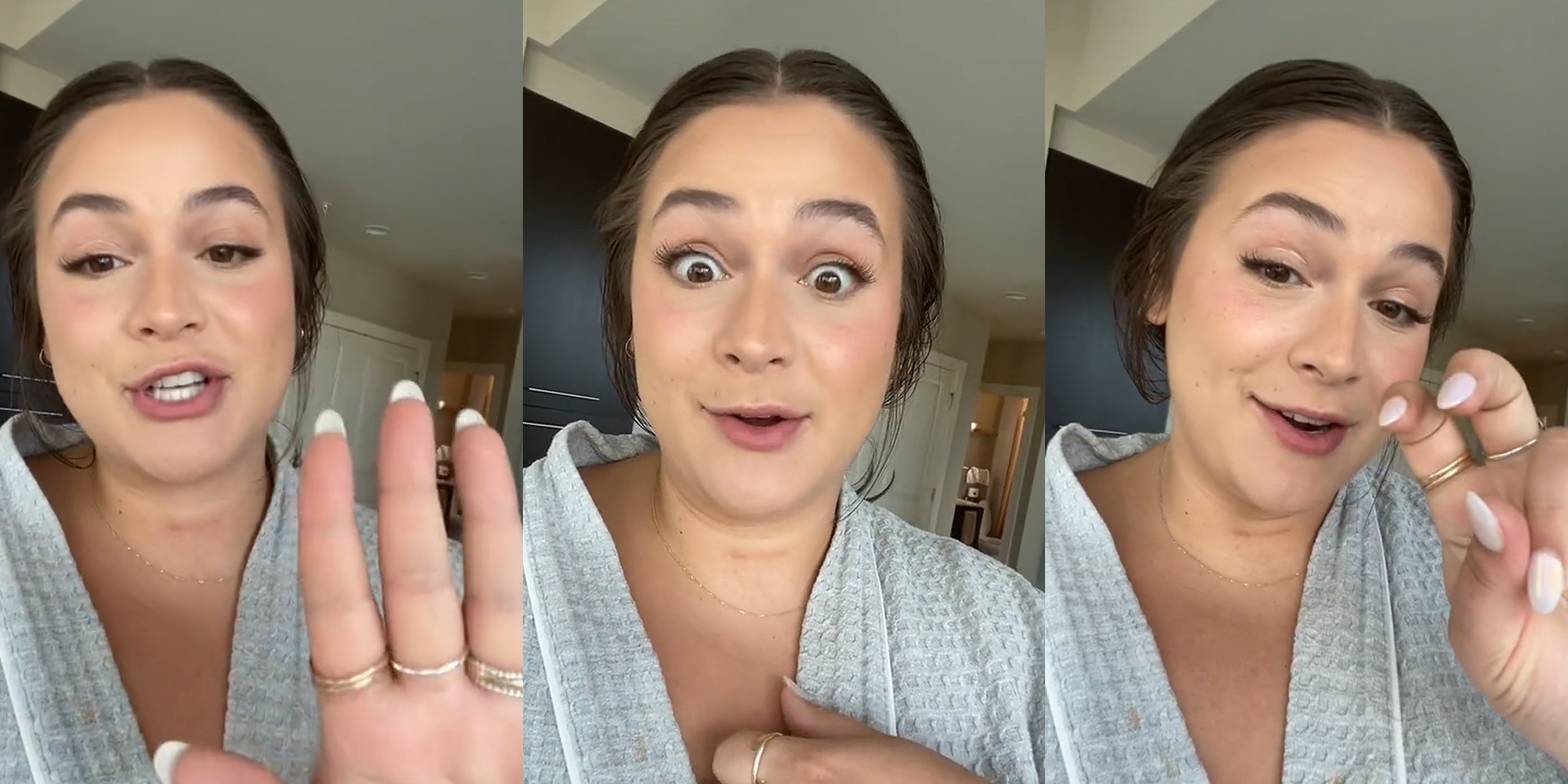 woman speaking hand out towards screen (l) woman speaking hand on chest eyes wide open (c) woman speaking hands in quote signal (r)