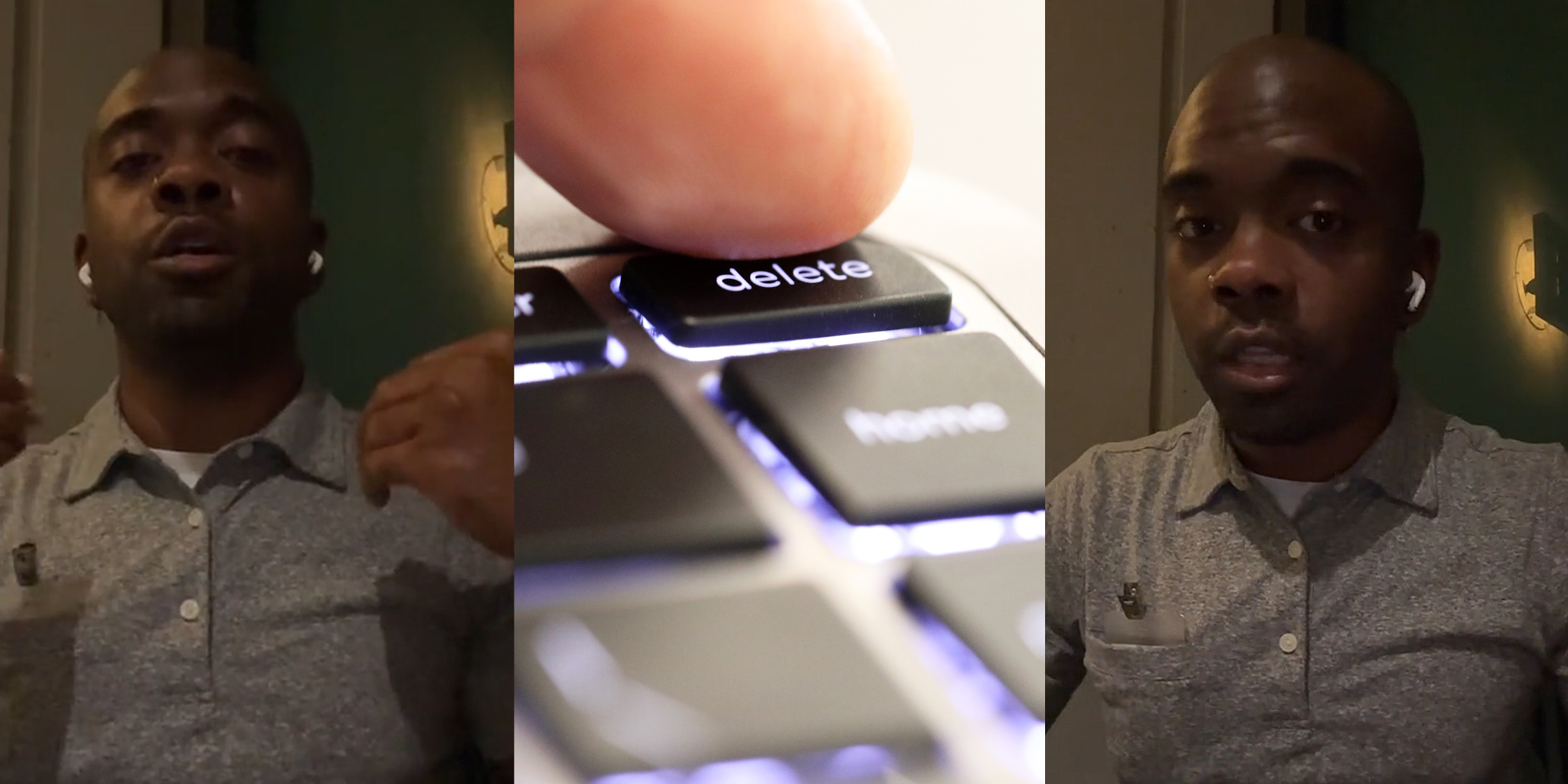 Man speaking in front of green walls with hands out (l) finger pressing "delete" button n laptop keyboard (c) man speaking in front of green walls (r)
