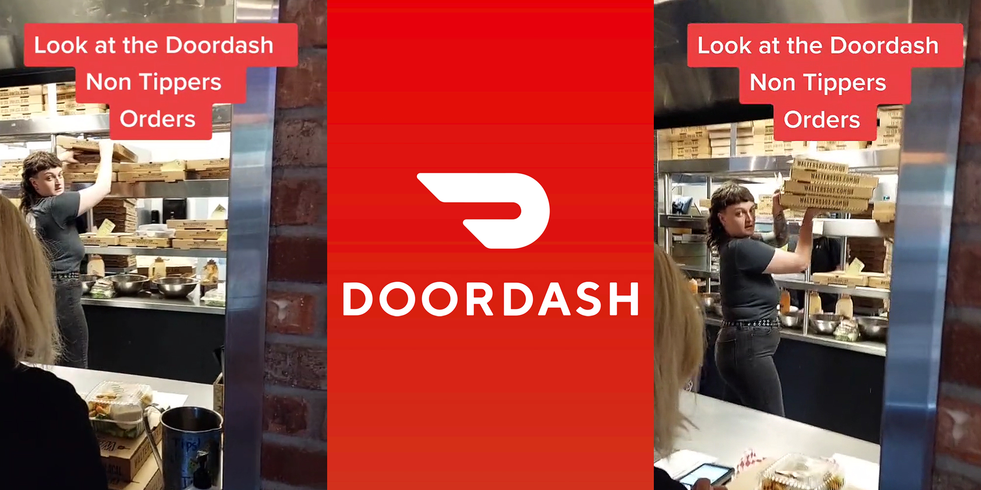 person grabbing pizza box from rack caption "Look at the DoorDash Non Tippers Orders" (l) DoorDash logo on red background (c) person grabbing pizza boxes from rack caption "Look at the DoorDash Non Tippers Orders" (r)