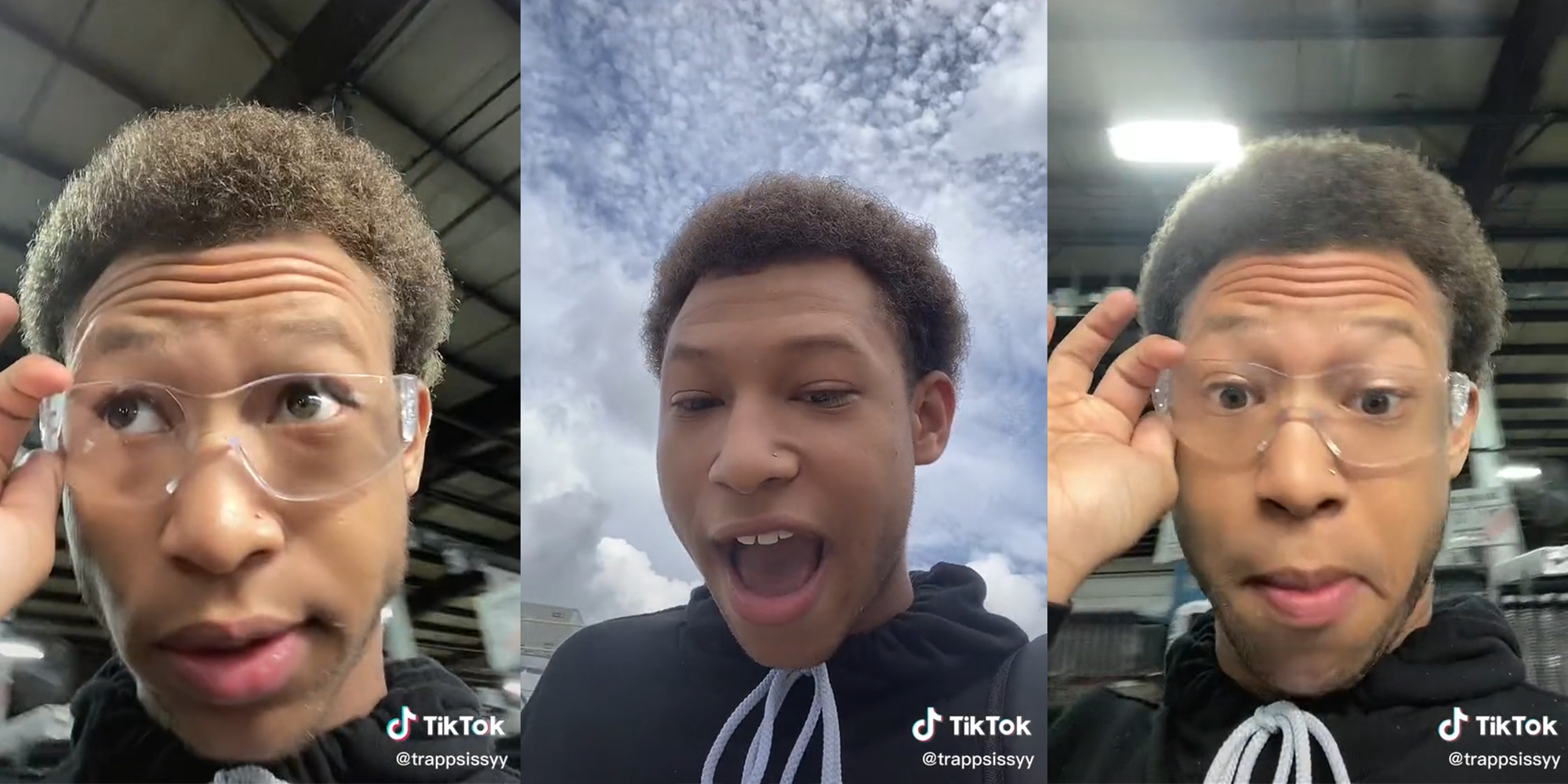 young man holding safety glasses (l&r) young man walking outside (c)