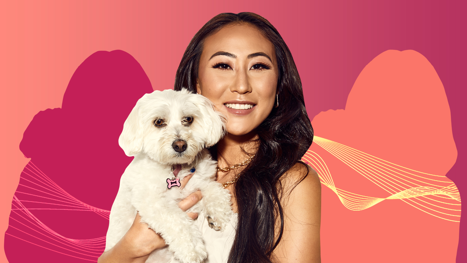 Lizzy Capri holding dog on pink to purple gradient background Passionfruit Remix