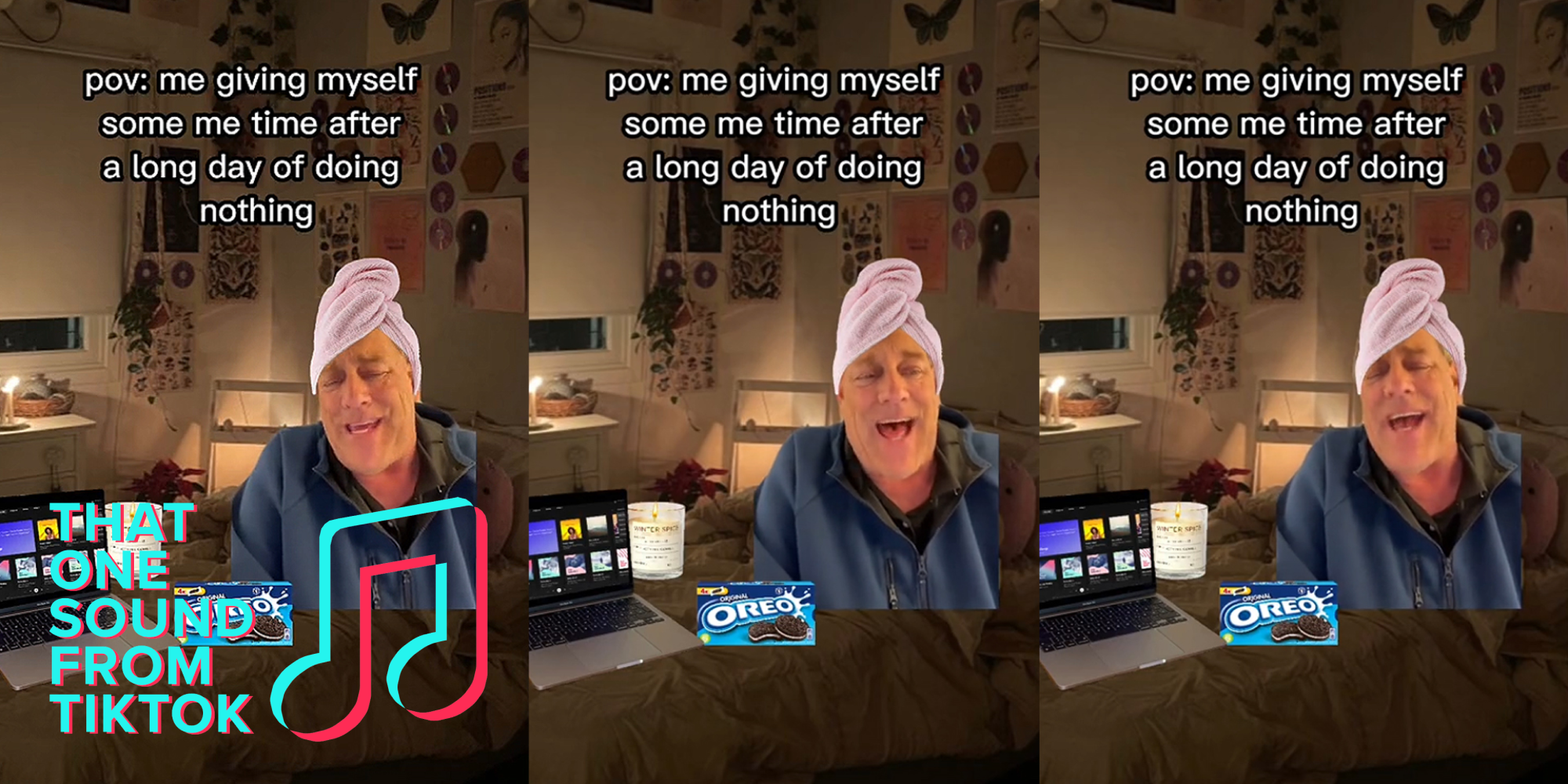 Rodger Cleye greenscreen TikTok with towel on head in bedroom caption "pov: me giving myself some me time after a long day of doing nothing" and THAT ONE SOUND FROM TIKTOK logo (l) Rodger Cleye greenscreen TikTok with towel on head in bedroom caption "pov: me giving myself some me time after a long day of doing nothing" (c) Rodger Cleye greenscreen TikTok with towel on head in bedroom caption "pov: me giving myself some me time after a long day of doing nothing" (r)