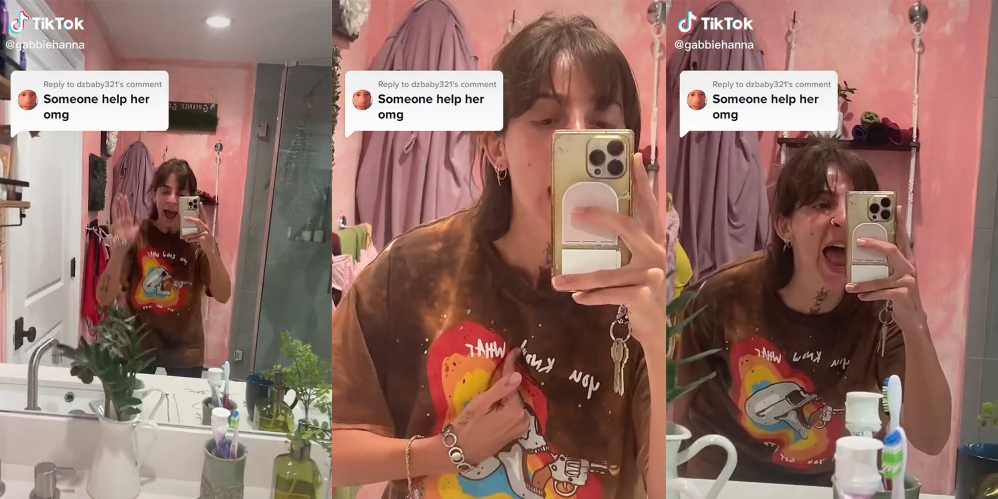 woman in bathroom yelling with caption "Someone help her omg"