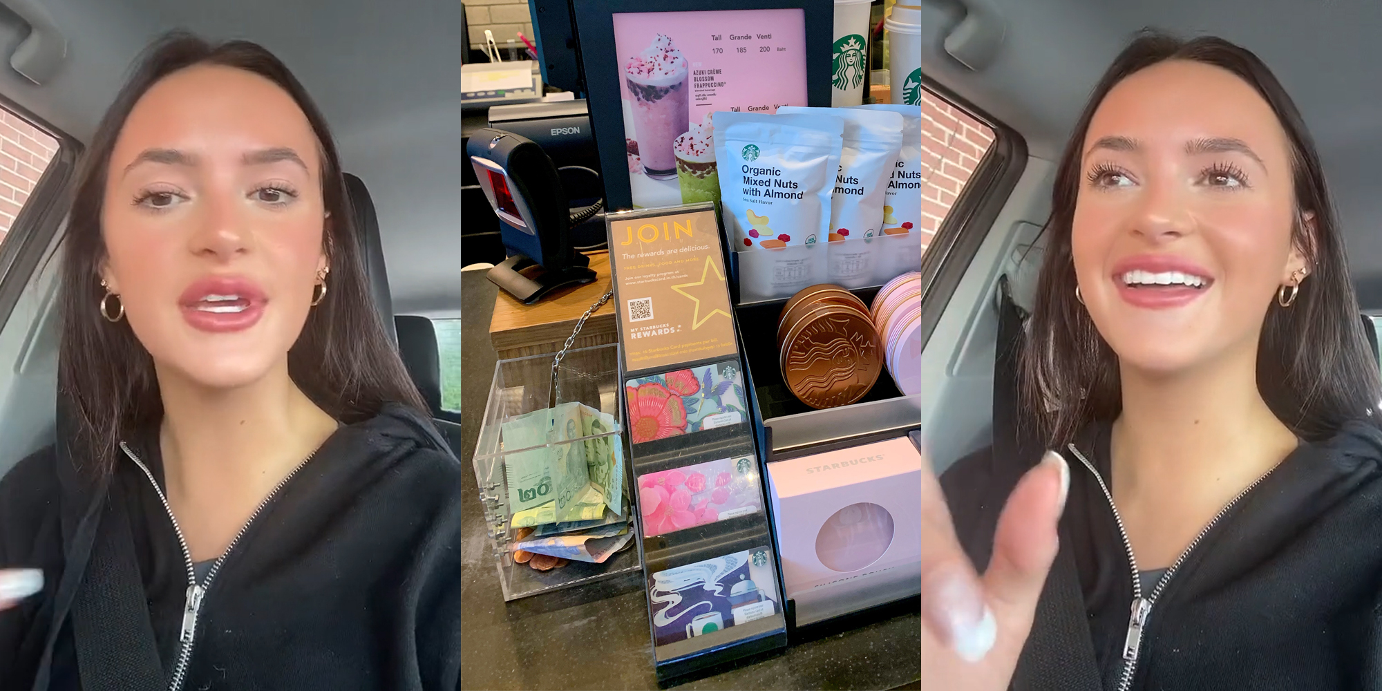 woman speaking in car (l) Starbucks checkout with tip jar, gift cards, and branded cups (c) woman speaking in car hand up (r)