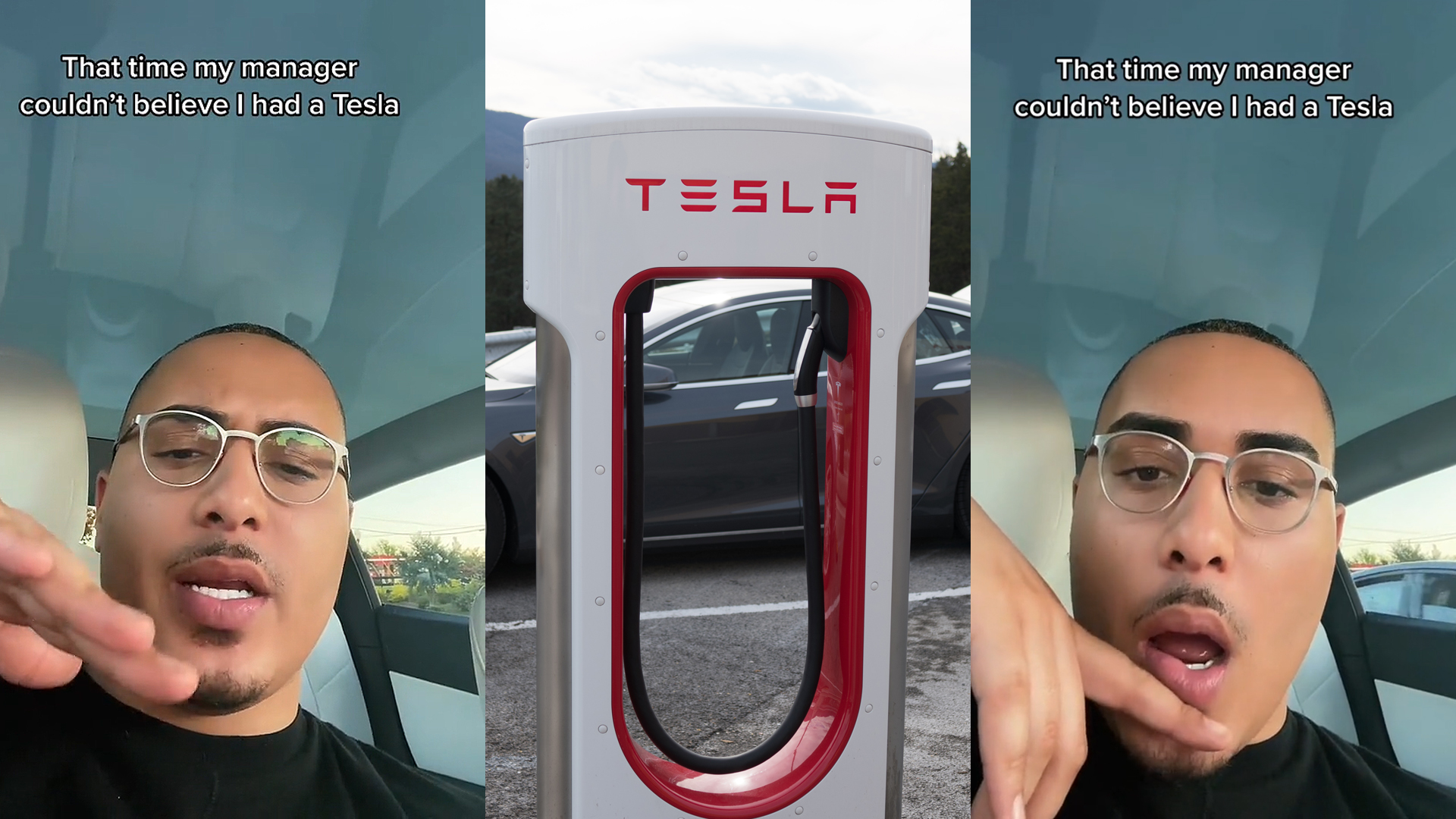 man speaking in Tesla hand out caption "That time my manager couldn't believe I had a Tesla" (l) Tesla charging station with Tesla behind (c) man speaking in Tesla hand out caption "That time my manager couldn't believe I had a Tesla" (r)