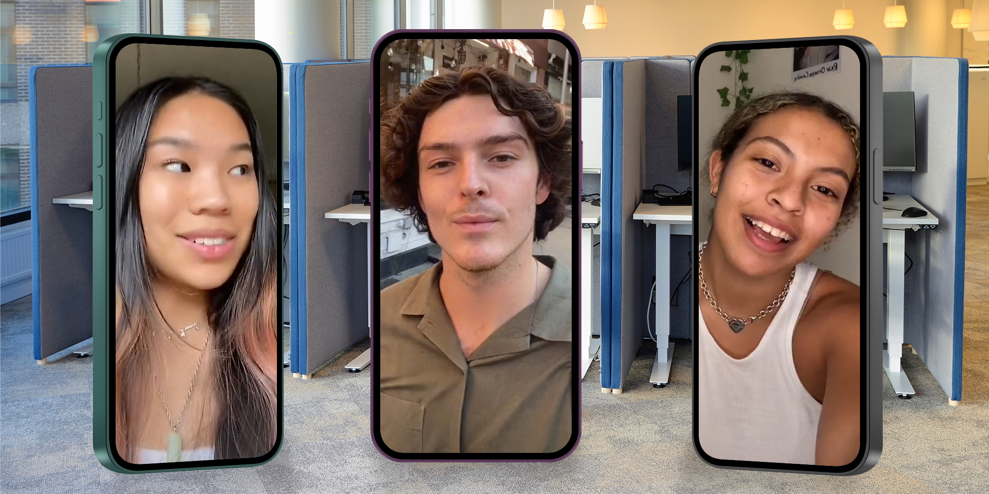 people inside phones standing in office cubicles