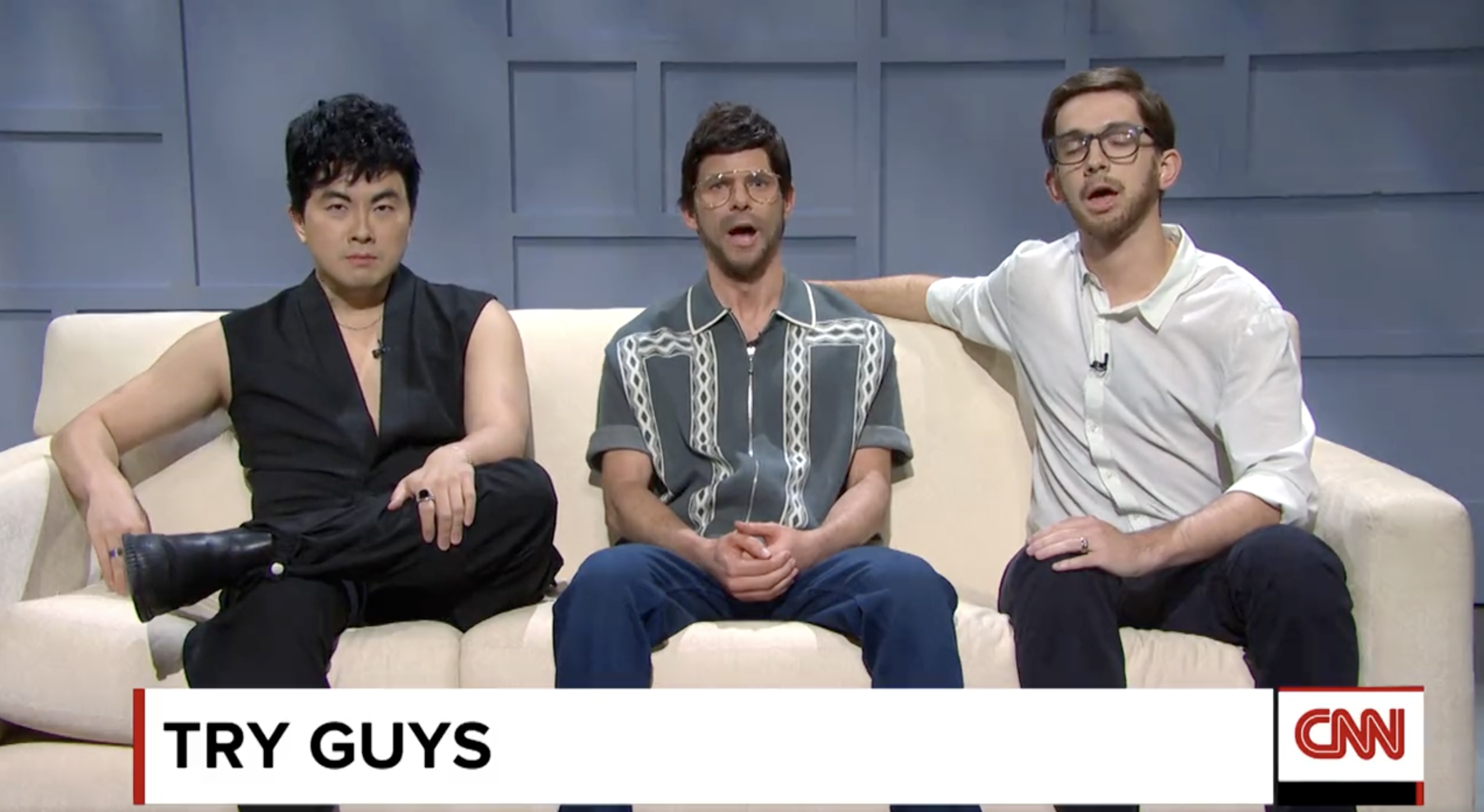 three men on couch with chiron that reads "Try guys CNN"
