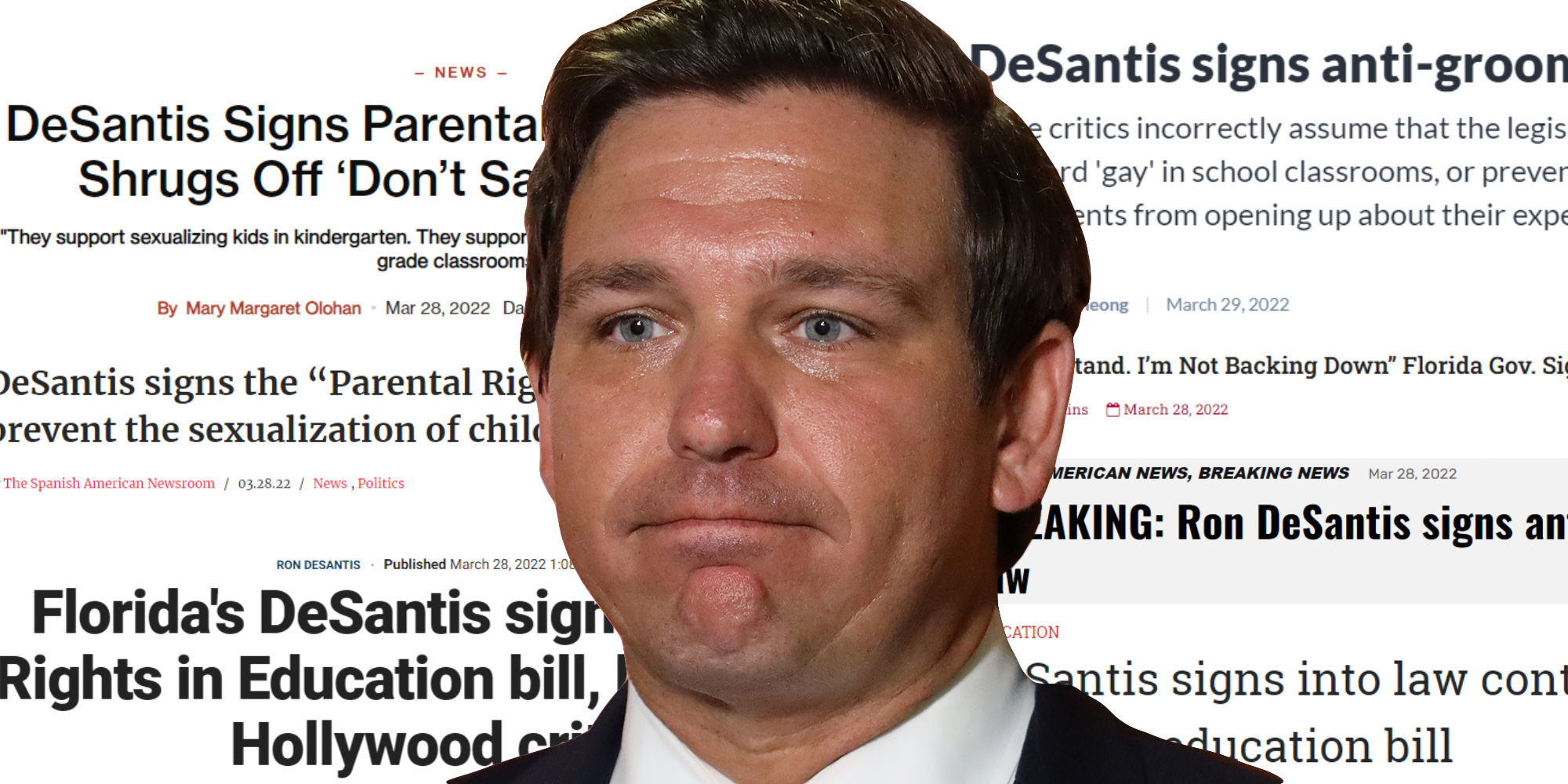 Ron DeSantis in front of "don't say gay bill" headlines