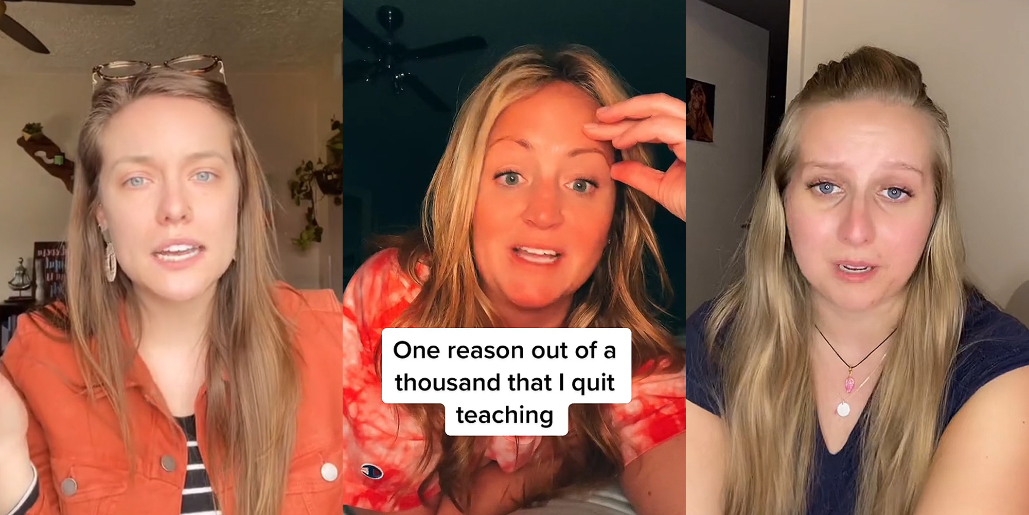 Woman speaking in front of tan walls (l) woman speaking with hand on forehead caption "One reason out of a thousand I quit teaching" (c) woman speaking in front of tan wall (r)