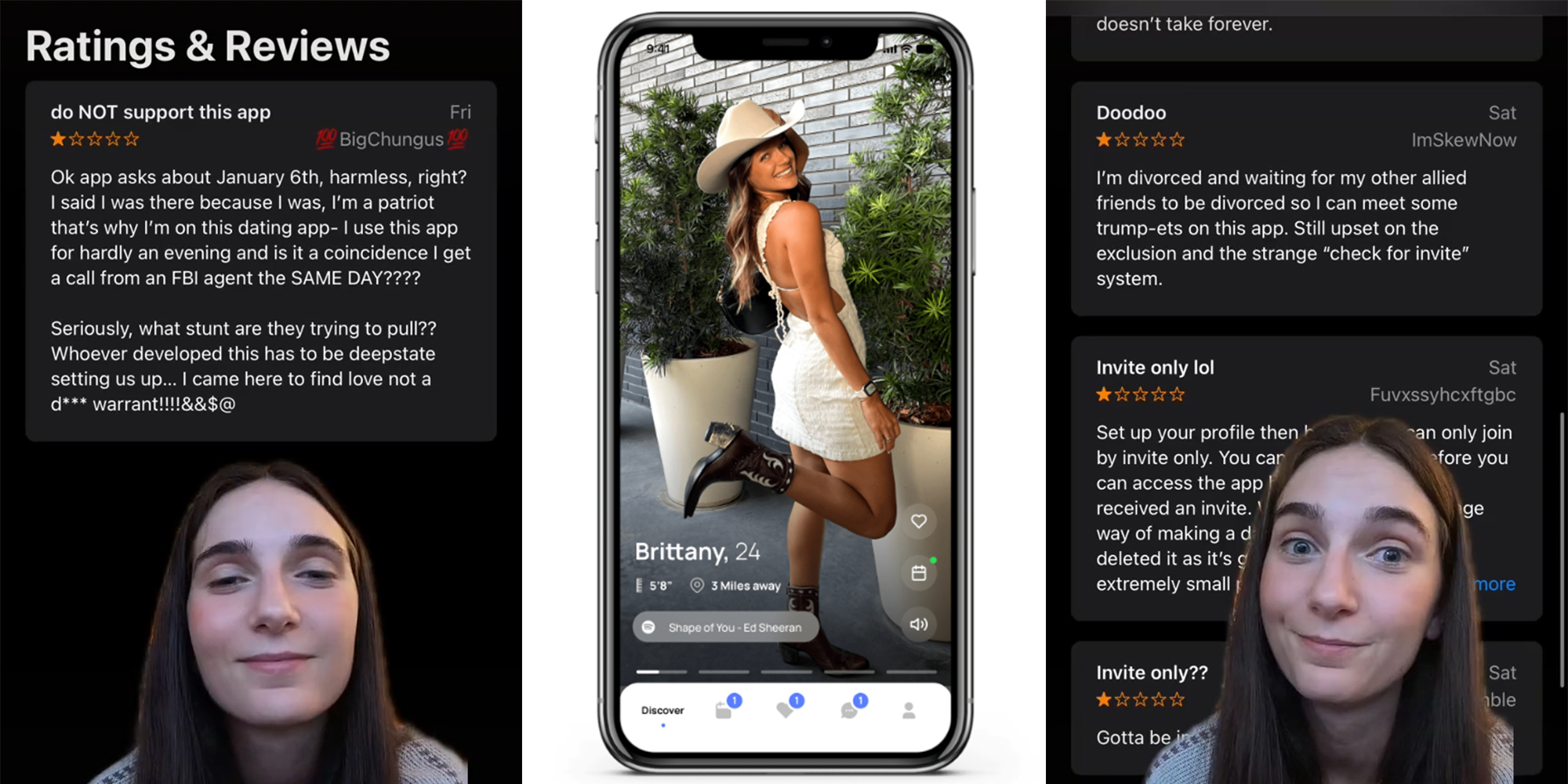 woman with "ratings & reviews" of The Right Stuff dating app (l&r) The Right Stuff dating app with woman in cowboy hat and boots (c)