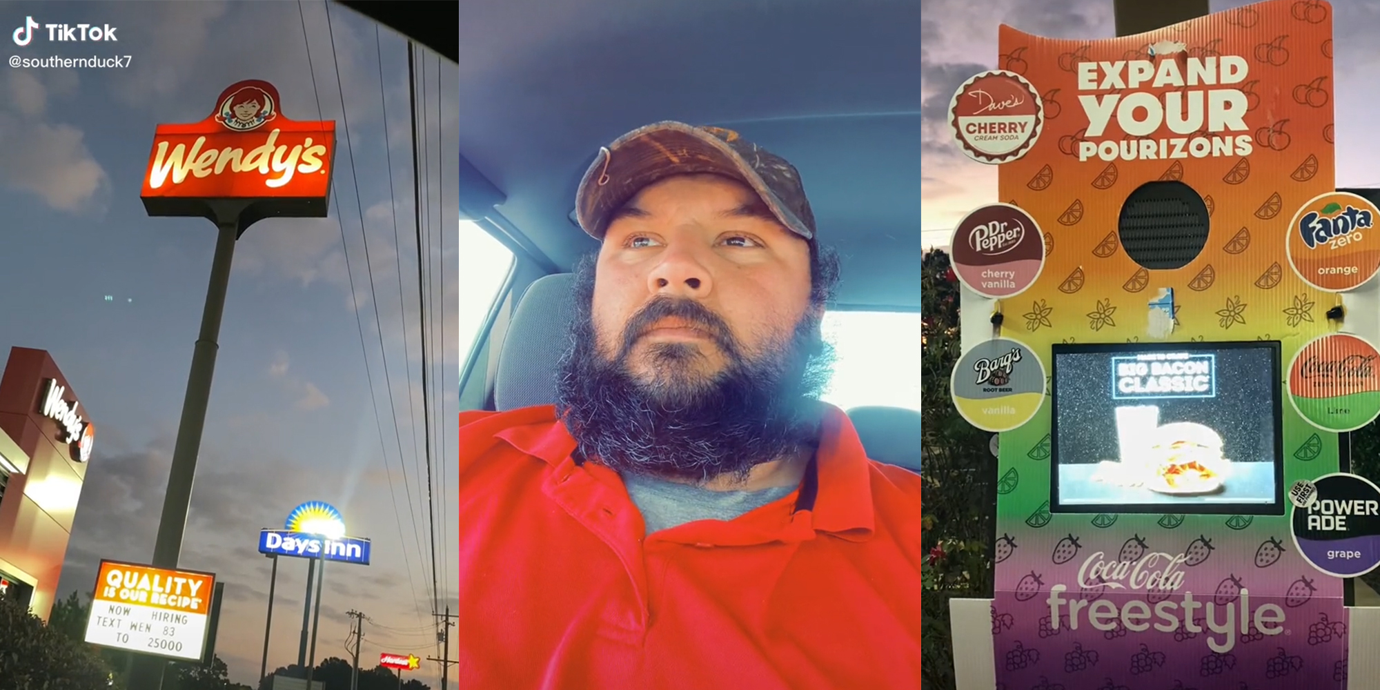 wendy's sign (l) man in vehicle (c) wendy's drive thru (r)