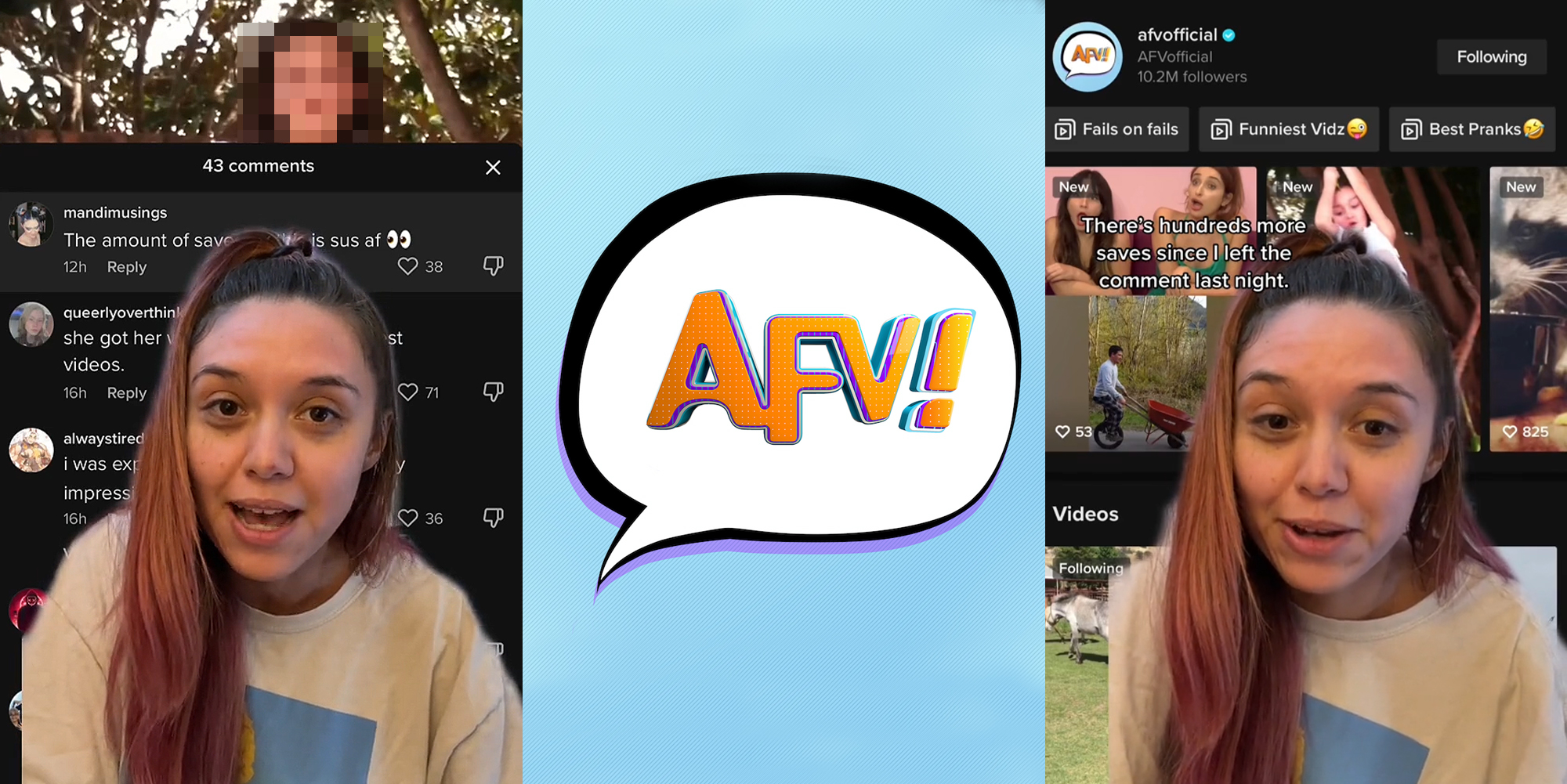 woman greenscreen TikTok over AFV TikTok account (l) America's Funniest Home Videos logo on blue textured background (c) woman greenscreen TikTok over AFV TikTok account caption "There's hundreds more saves since I left the comment last night." (r)