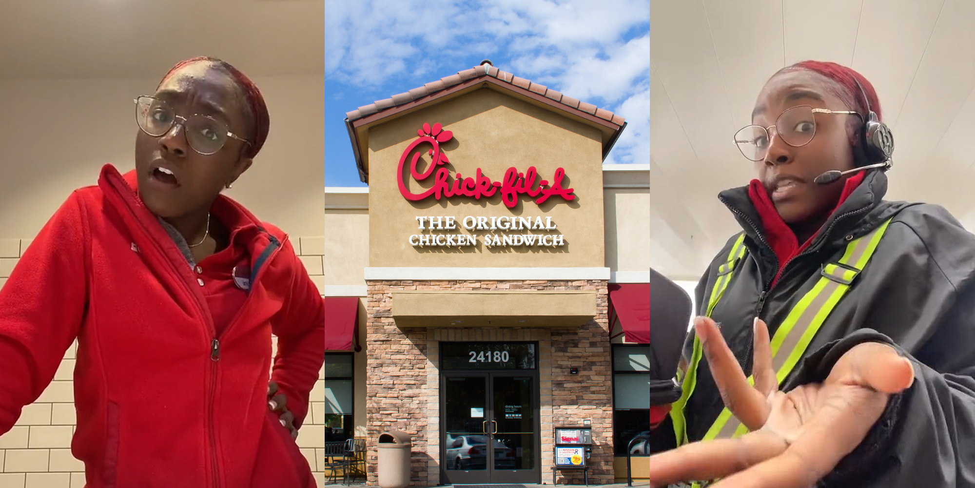 Chick-Fil-A worker speaking in bathroom (l) Chick-Fil-A building with sign (c) Chick-Fil-A worker speaking outside (r)