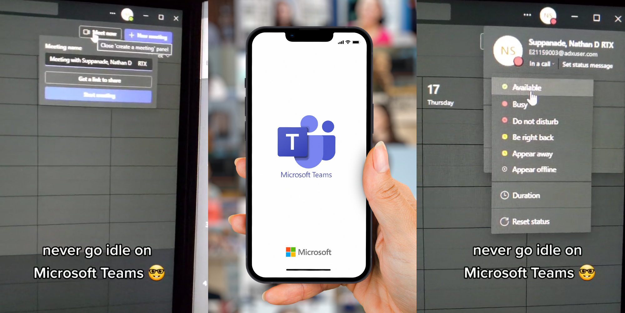 Microsoft teams with mouse on "meet now" caption "never go idle in Microsoft Teams" (l) Microsoft Teams on phone in hand in front of team call (c) Microsoft Teams with mouse on "Available" caption "never go idle on Microsoft Teams" (r)
