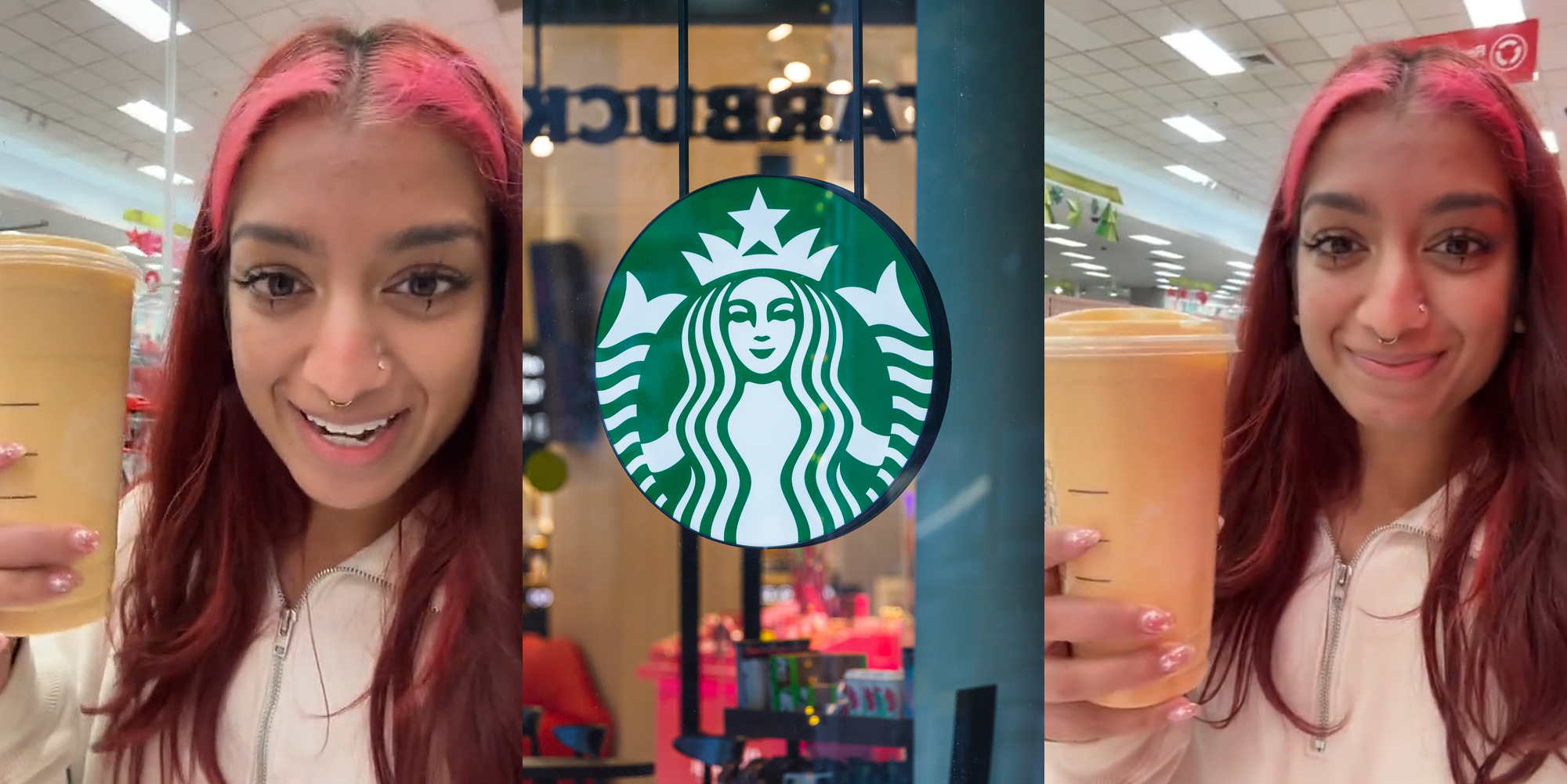 woman holding venti cup of Starbucks pumpkin cold foam (l) Starbucks sign in front of window (c) woman holding venti cup of Starbucks pumpkin cold foam (r)