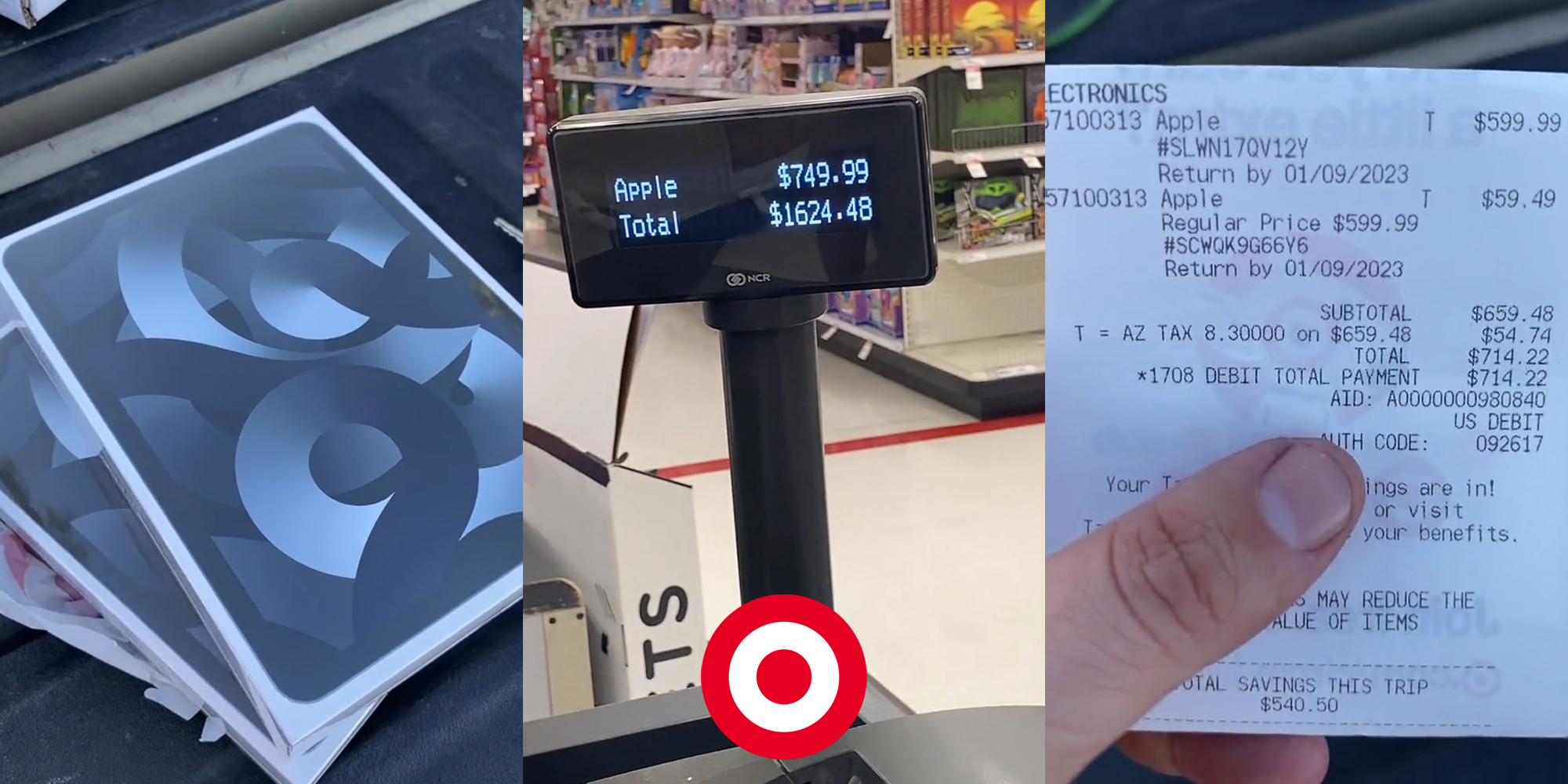 Apple iPad's (l) Target checkout total "Apple $749.99 Total $1624.48" with Target logo centered at bottom (c) person holding Target receipt "$599.00 $59.49 Debit Total Payment $714.22" (r)