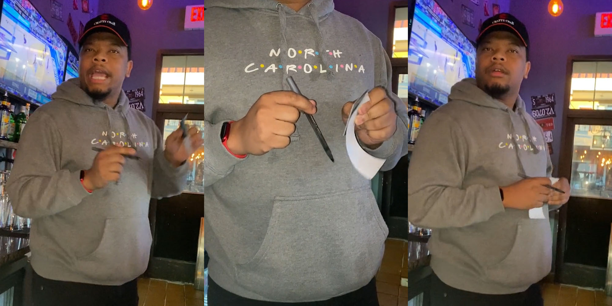 manager speaking holding pen and receipt (l) manager holding pen and receipt (c) manager speaking holding pen and receipt (r)