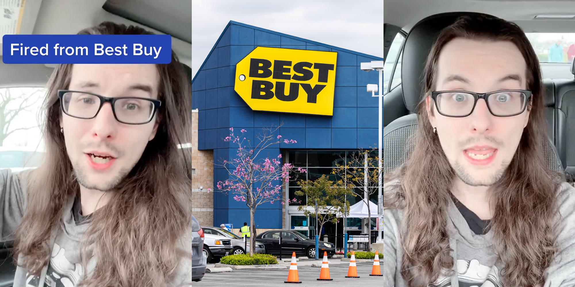 former Best Buy employee speaking in car caption "Fired from Best Buy" (l) Best Buy building with sign and parking lot (c) former Best Buy employee speaking in car (r)