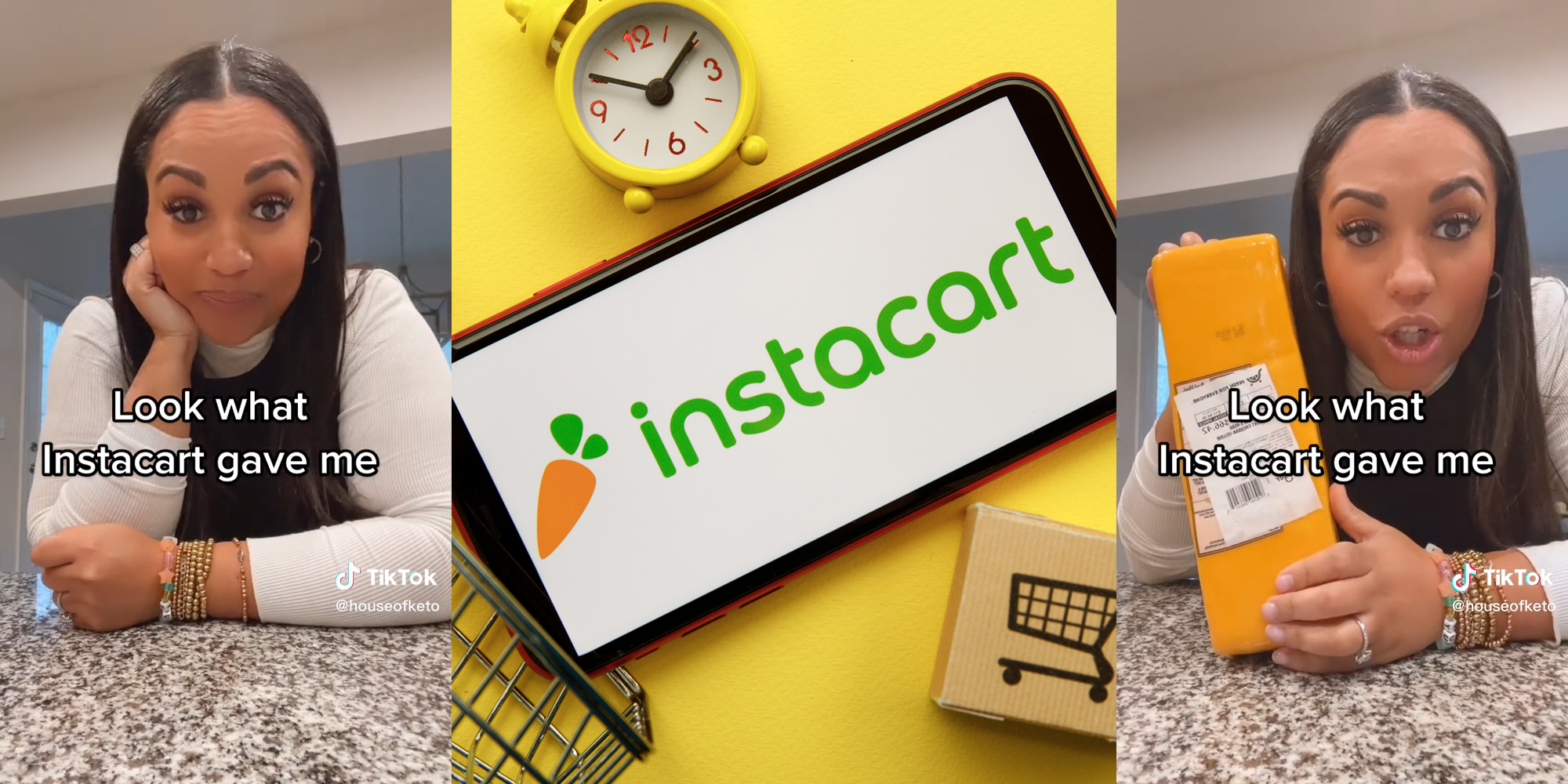 woman with caption "look what instacart gave me" holding large block of cheese