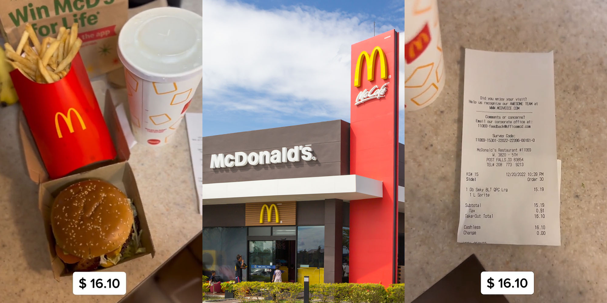 McDonald's burger drink and fries on counter caption "$16.10" (l) McDonald's building with signs (c) receipt on counter with total at 16.10 caption "$16.10" (r)