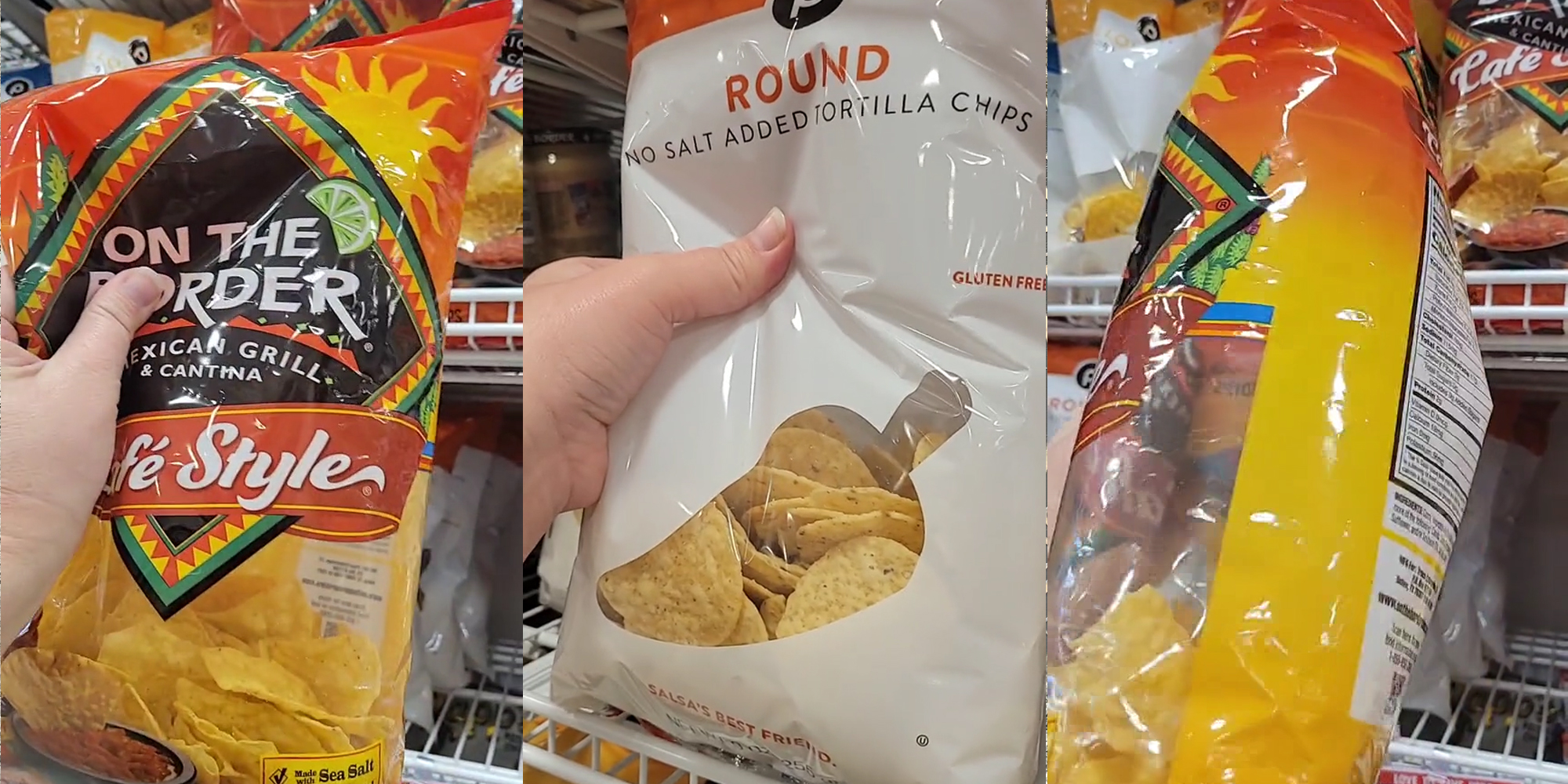 hand on tortilla chip bag at store (l) hand on tortilla chip bag at store (c) hand on tortilla chip bag turned to side at store (r)