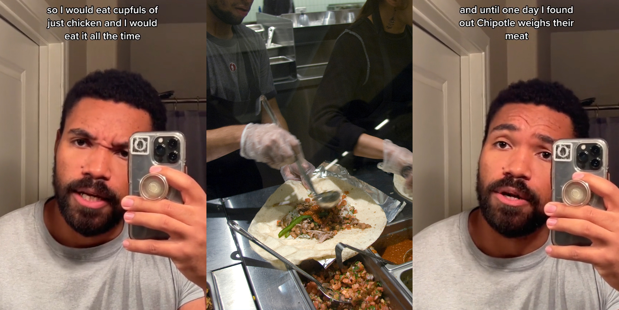 former Chipotle employee speaking caption "so I would eat capfuls of just chicken and I would eat it all the time" (l) Chipotle employee preparing food (c) former Chipotle employee speaking caption "and until one day I found out Chipotle weighs their food" (r)