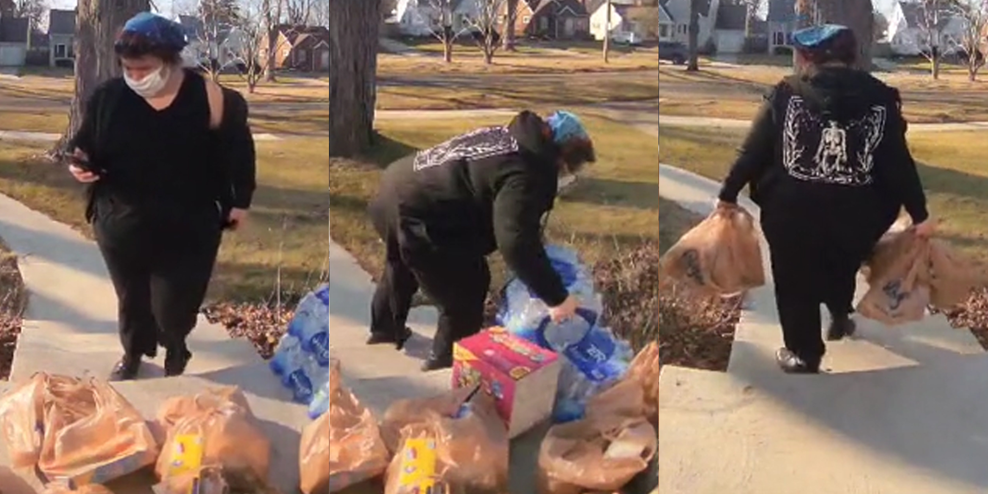 Instacart shopper on phone at customers porch with delivered groceries (l) Instacart shopper grabbing groceries from customer's porch (c) Instacart shopper taking bags back from customer's porch (r)