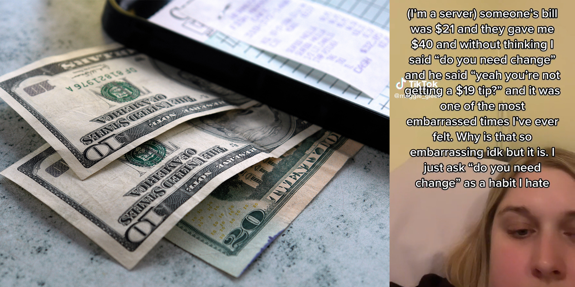 $40 with a dinner bill (l) young woman (r)