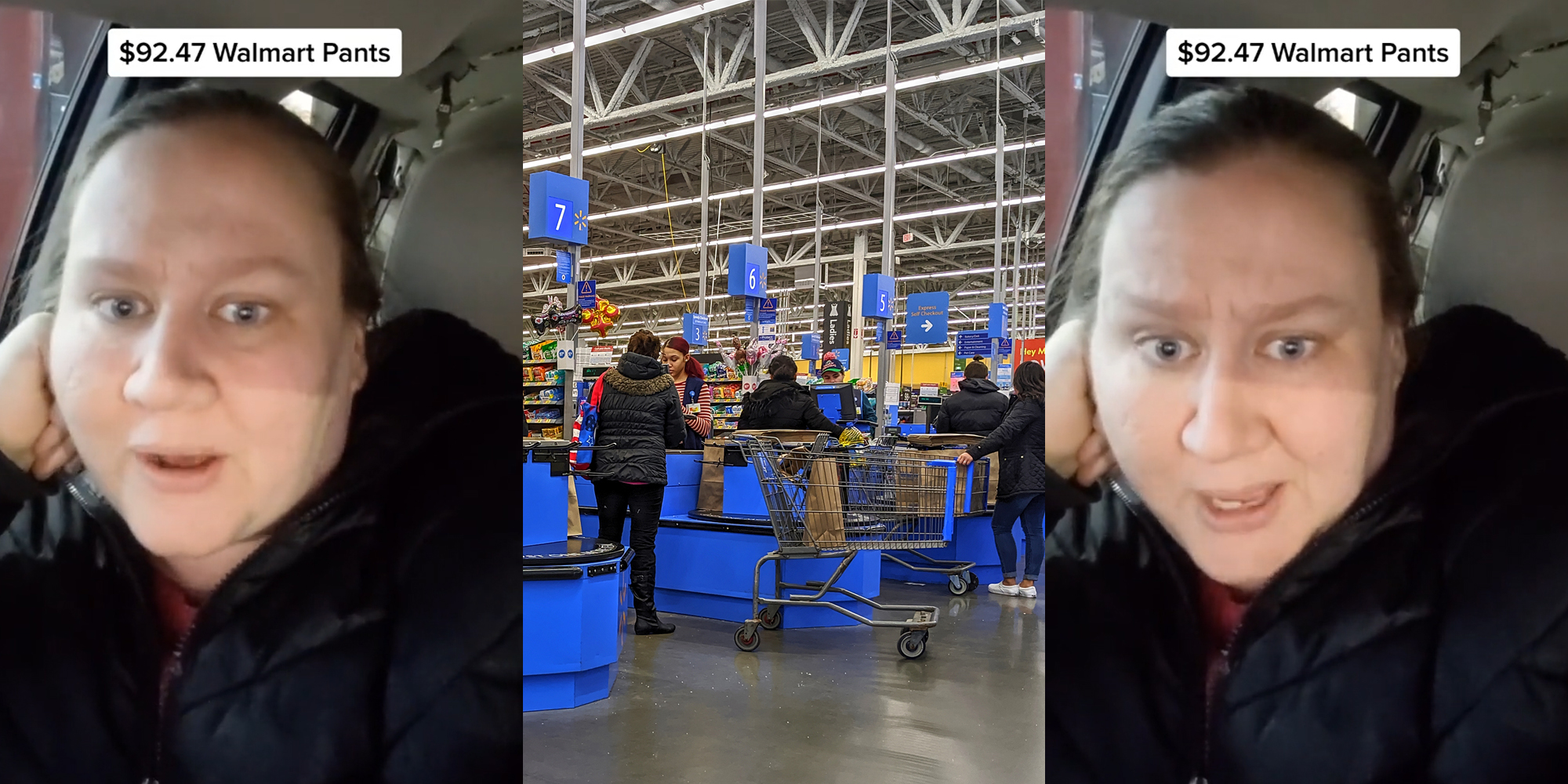 person speaking in car with caption "$92.47 Walmart Pants" (l) Walmart checkout area with customers (c) person speaking in car with caption "$92.47 Walmart Pants" (r)
