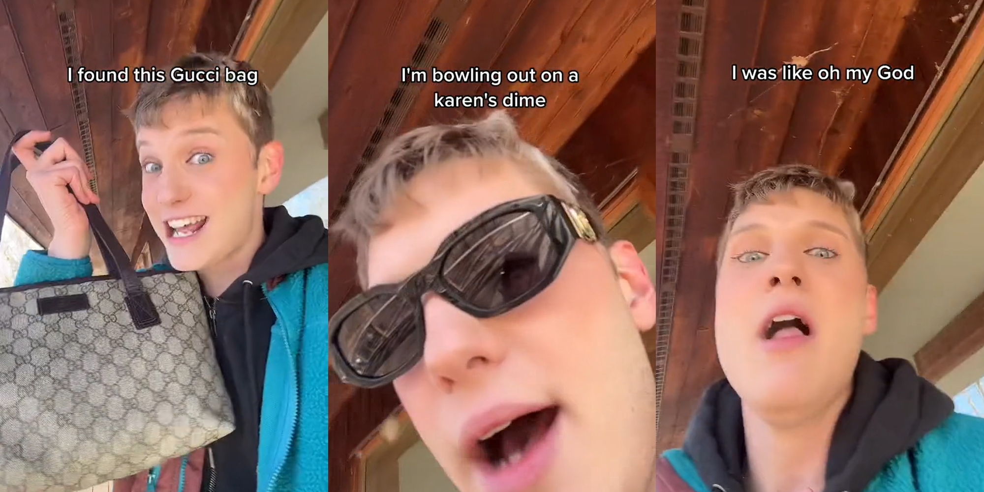 server speaking holding bag with caption "I found this Gucci bag" (l) server speaking with sunglasses on with caption "I'm balling out on a karen's dime" (c) server speaking with caption "I was like oh my God" (r)