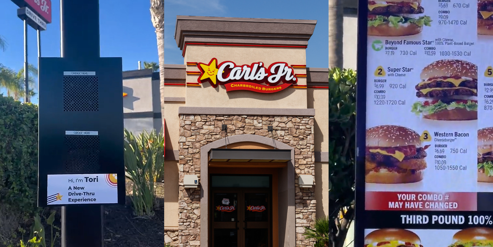 Carl's JR drive thru speaker with sign "Hi, I'm Tori A New Drive-Thru Experience" (l) Carl's Jr building with sign (c) Carl's JR drive thru menu (r)