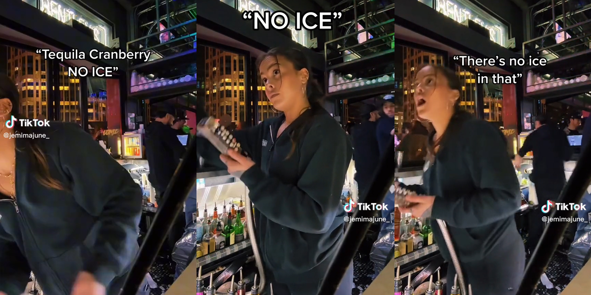 bartender pouring "Tequila Cranberry NO ICE"