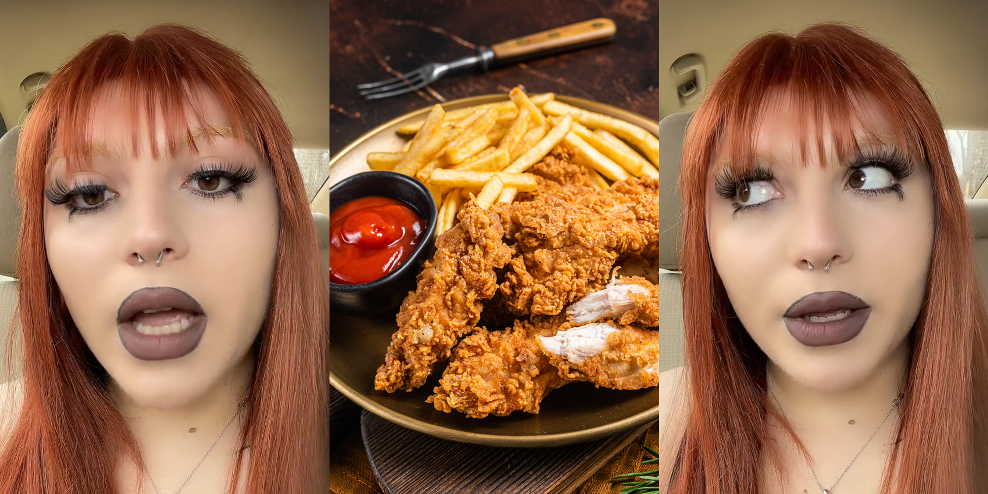 server speaking in car (l) chicken tenders and french fries on plate on table (c) server speaking in car looking left (r)