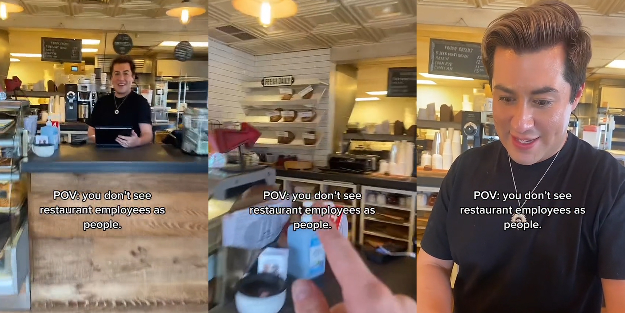 customer walking into restaurant with employee standing behind counter with caption "POV: you don't see restaurant employees as people." (l) customer pointing to what item they would like to purchase with caption "POV: you don't see restaurant employees as people." (c) customer walking into restaurant with employee standing behind counter with caption "POV: you don't see restaurant employees as people." (r)