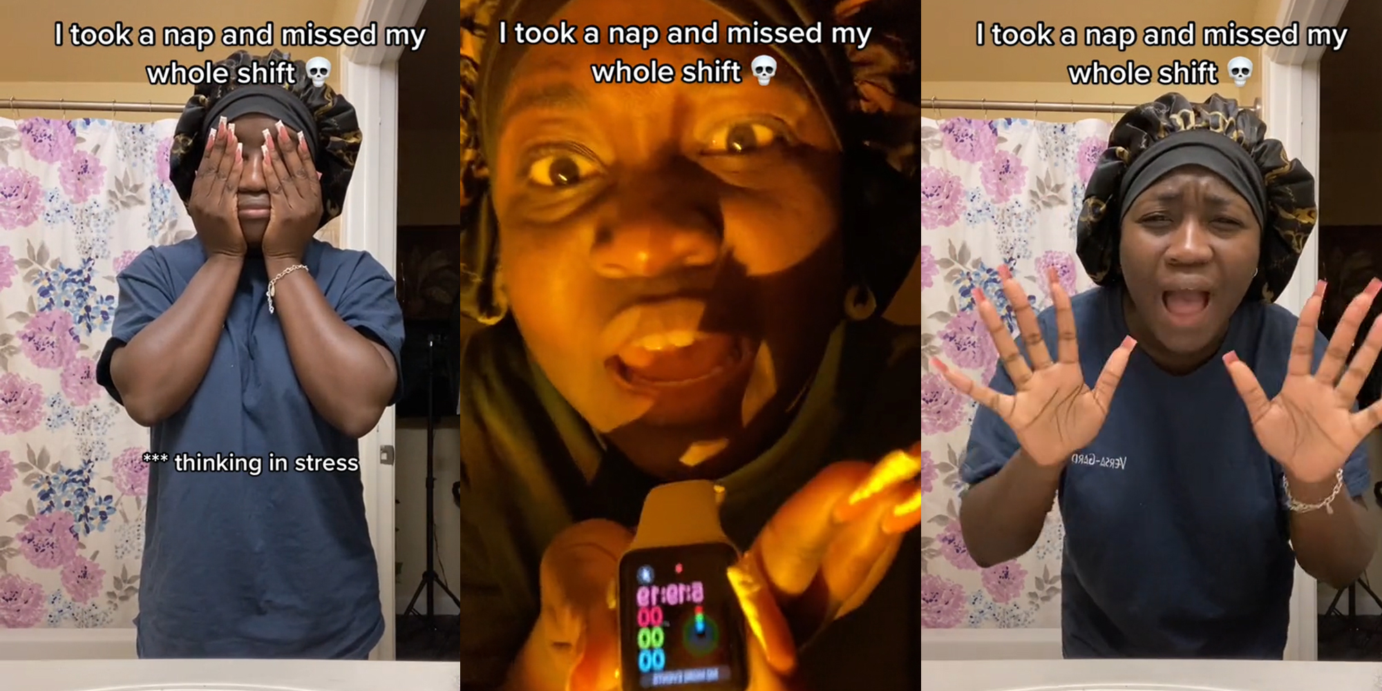 worker holding face in hands in bathroom with caption "I took a nap and missed my whole shift" "***thinking in stress" (l) worker speaking holding watch with caption "I took a nap and missed my whole shift" (c) worker speaking in bathroom with caption "I took a nap and missed my whole shift" (r)