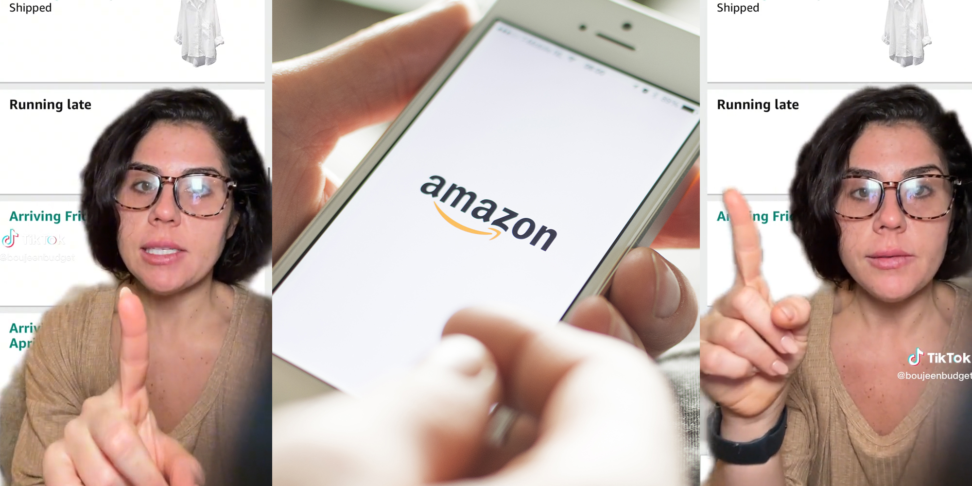 woman pointing to Amazon order tracking screen