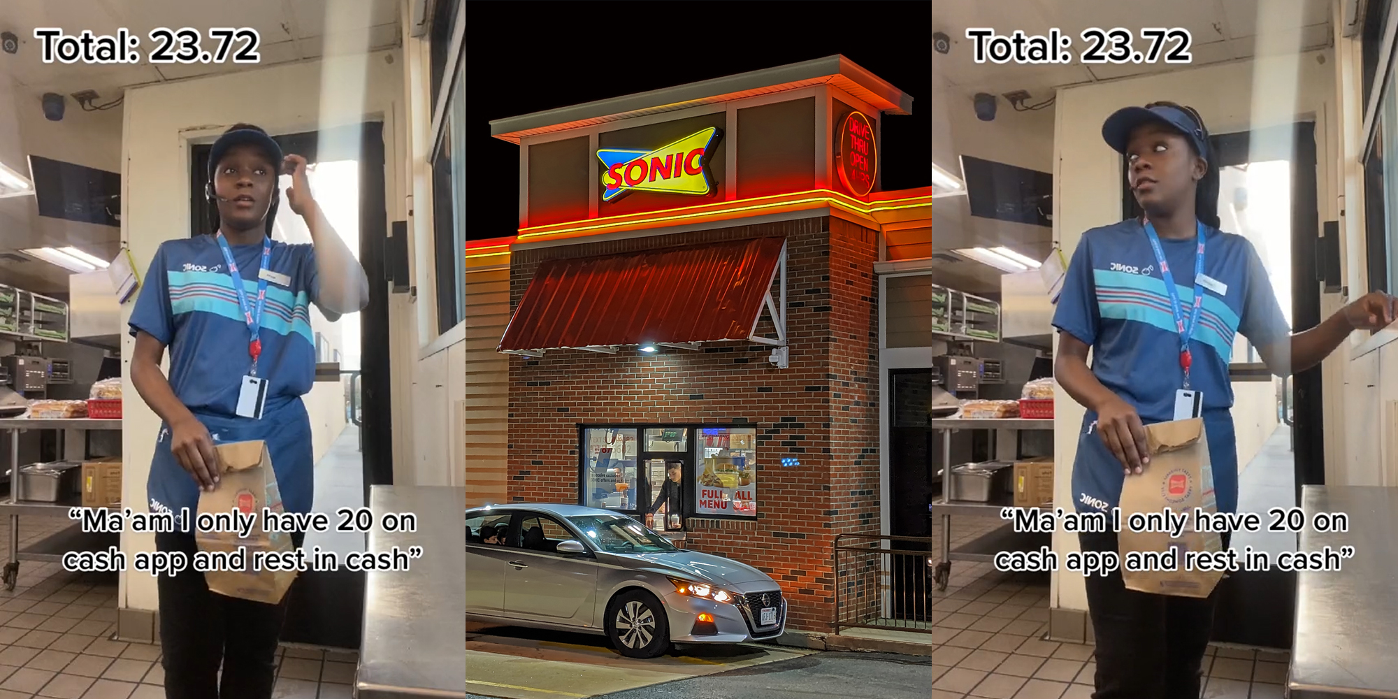 Sonic employee with headset on with caption "Total: 23.72 "Ma'am I only have 20 on cash app and rest in cash"" (l) Sonic drive thru at night with car pulled up (c) Sonic employee with headset on with caption "Total: 23.72 "Ma'am I only have 20 on cash app and rest in cash"" (r)