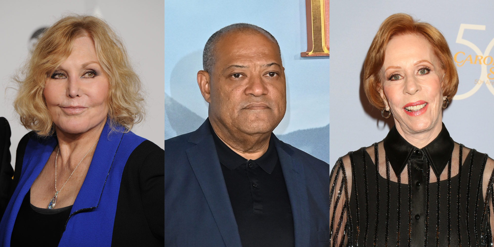 Kim Novak in front of beige wall (l) Laurence Fishburne in front of light blue background (c) Carol Burnett in front of light grey background (r)
