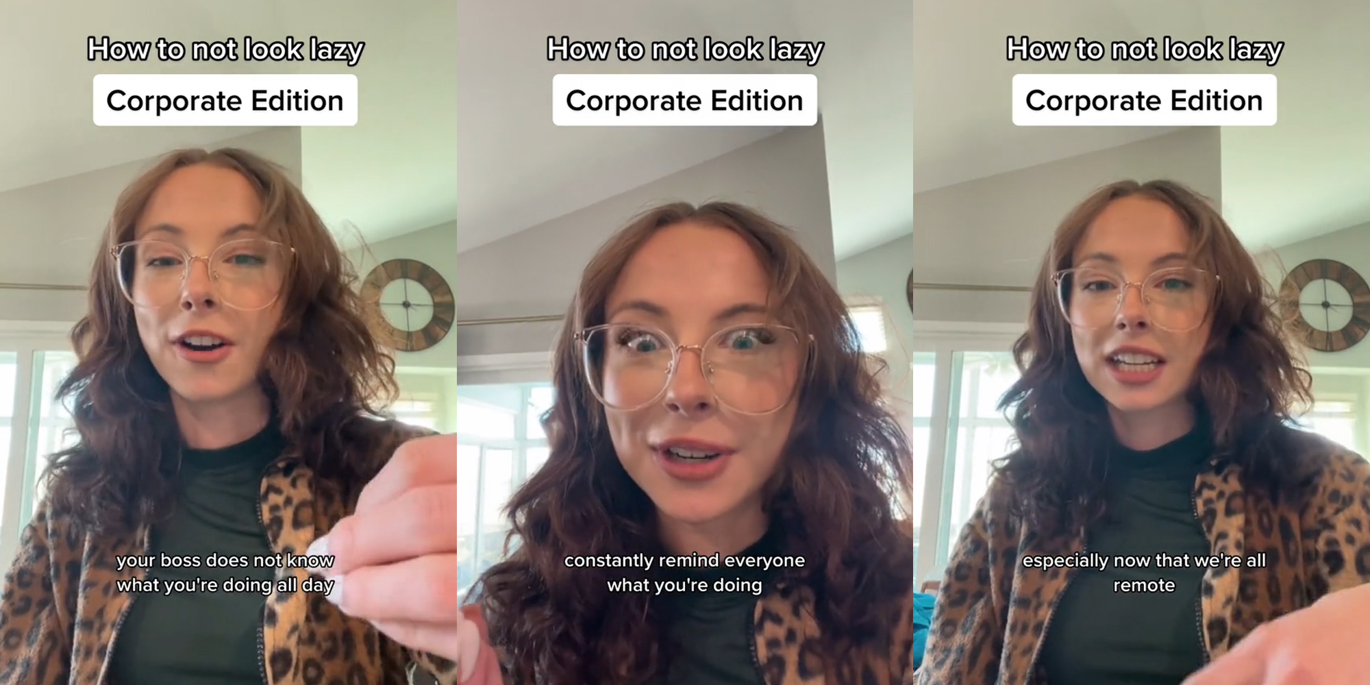 remote worker speaking with caption "How to not look lazy Corporate Edition" "your boss does not know what you're doing all day" (l) remote worker speaking with caption "How to not look lazy Corporate Edition" "constantly remind everyone what you are doing" (c) remote worker speaking with caption "How to not look lazy Corporate Edition" "especially now that we're all remote" (r)
