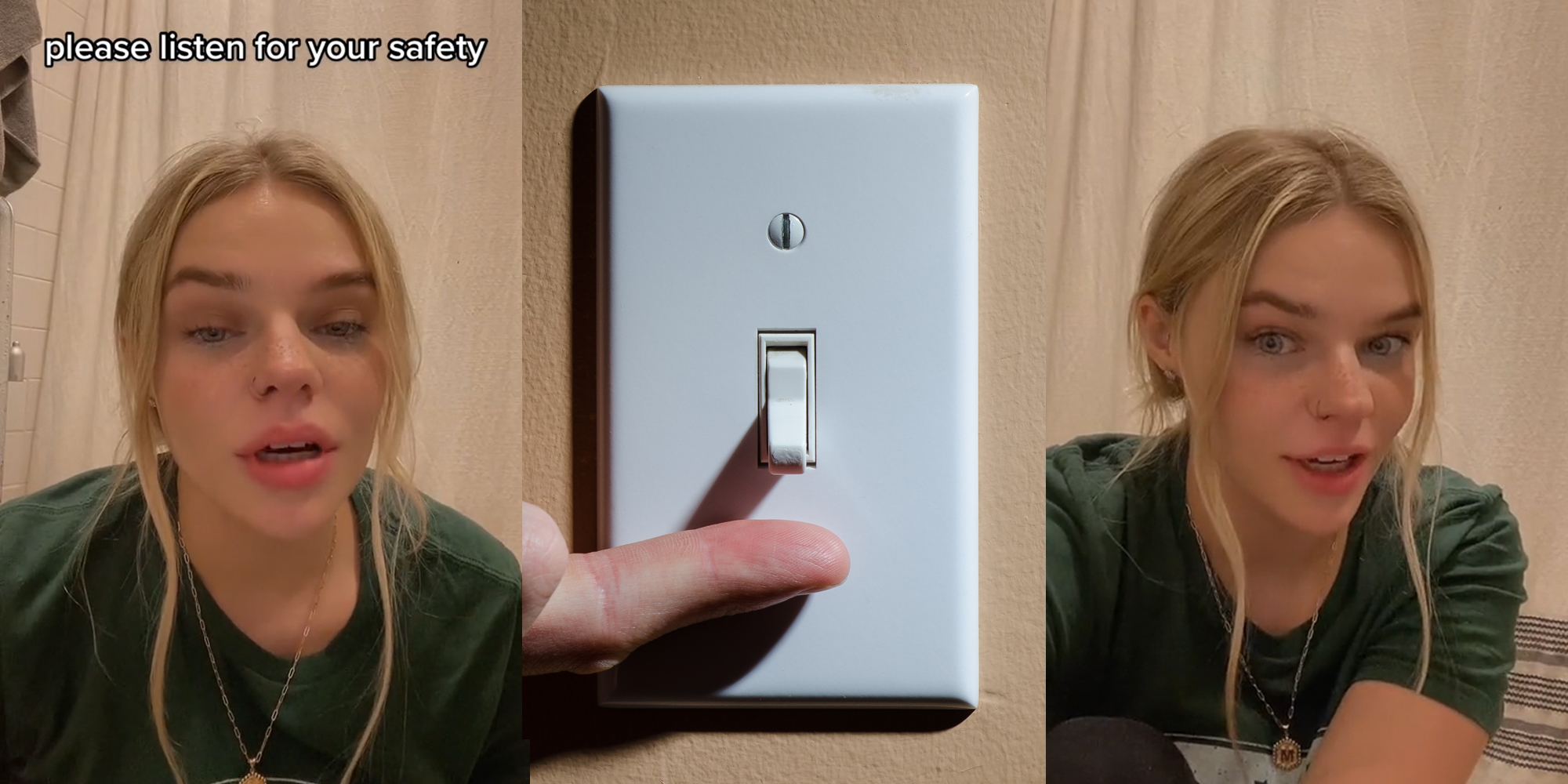 person speaking in front of tan fabric with caption "please listen for your safety" (l) finger under light switch on tan wall (c) person speaking in front of tan fabric (r)