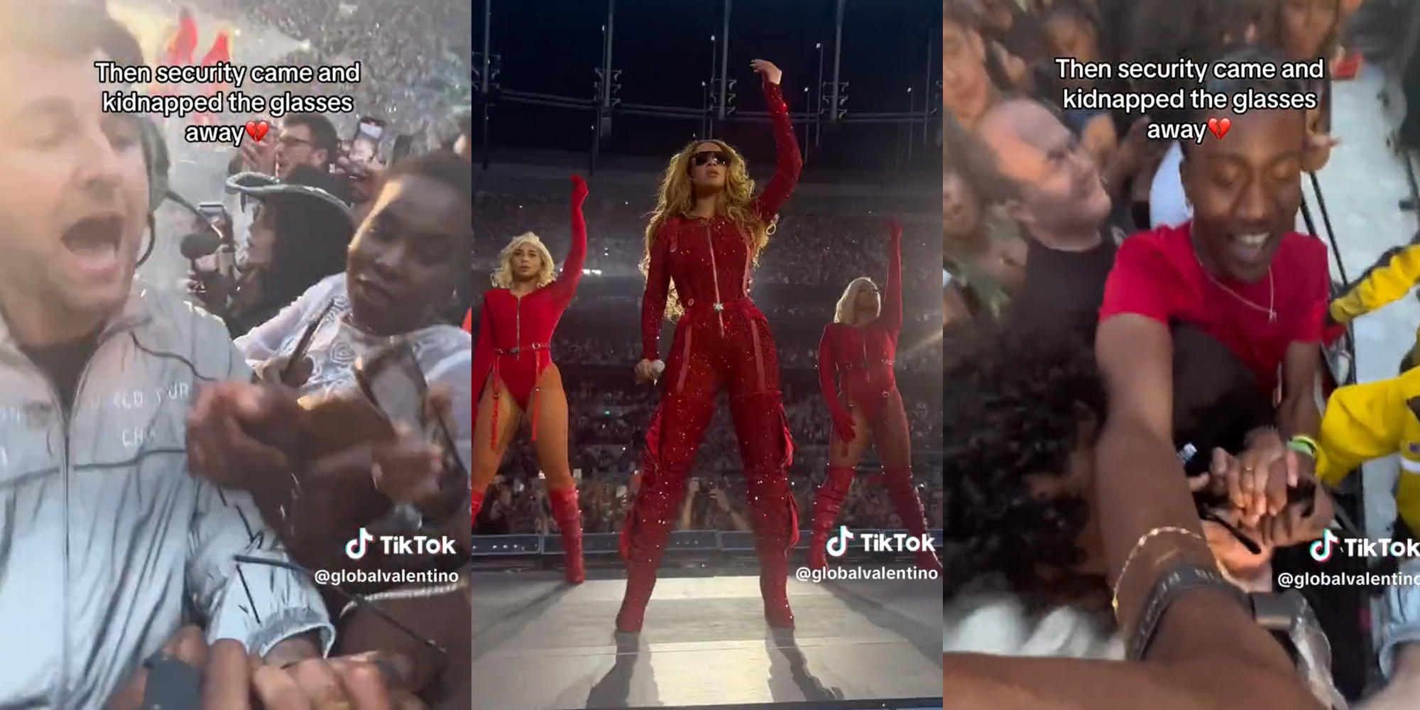 Security guards takes away glasses that Beyonce threw to audience member