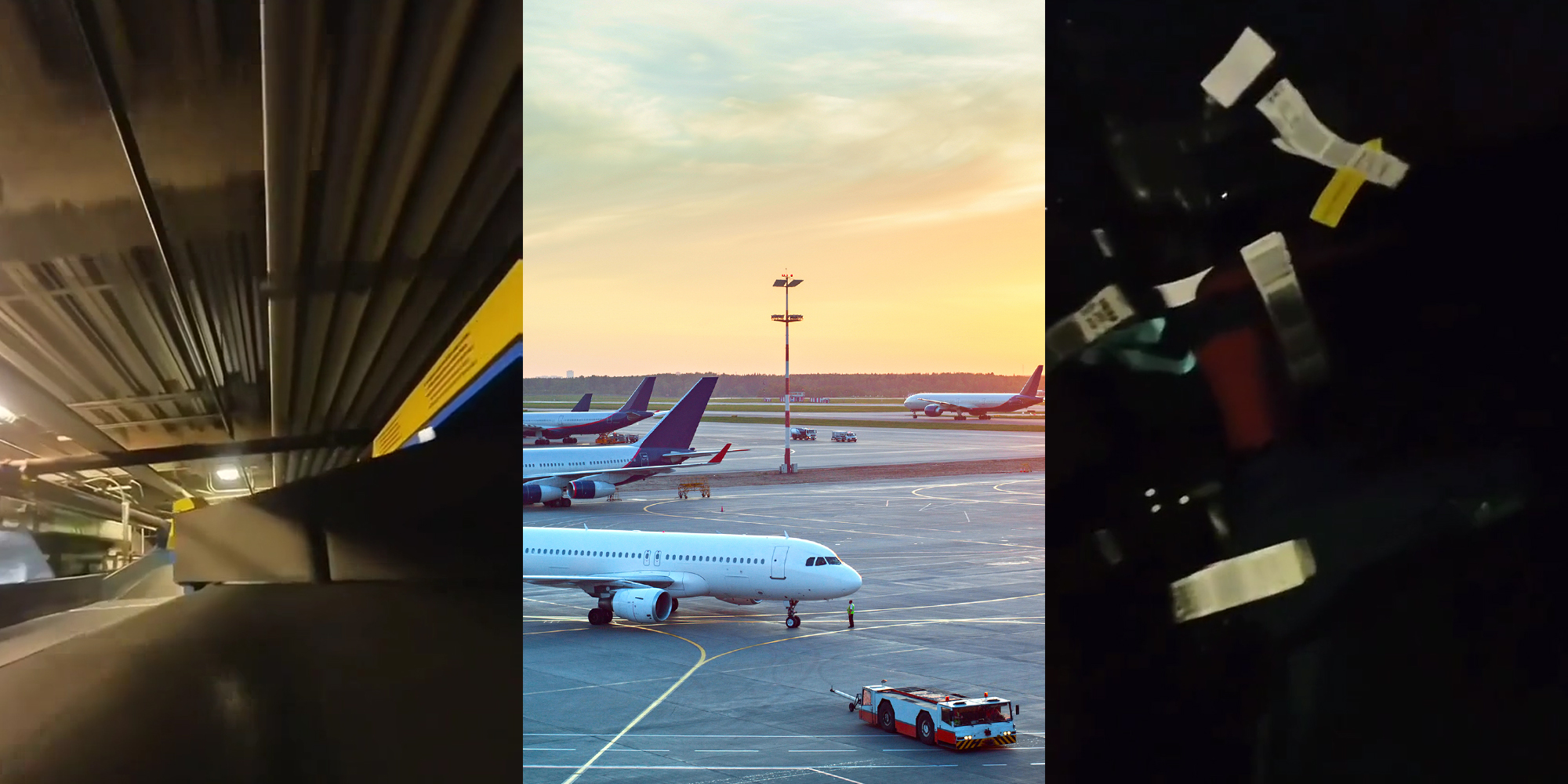 luggage POV in airport (l) planes at airport with sunset (c) luggage POV in airport (r)