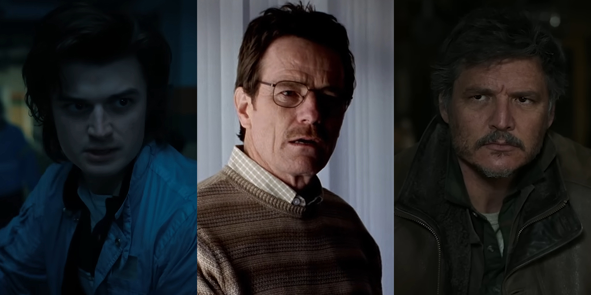 Steve Harrington from Stranger Things (l) Walter White from Breaking Bad (c) Joel from The Last of Us (r)