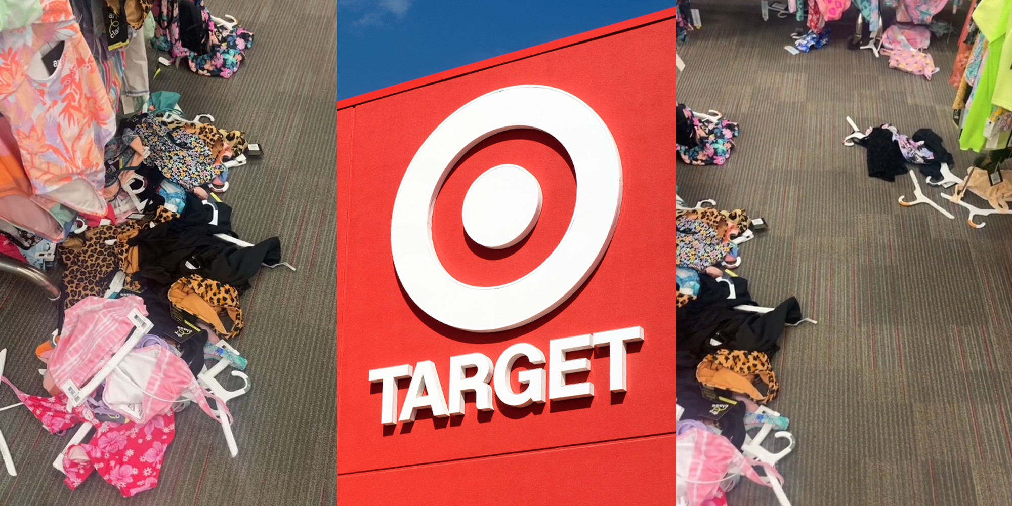 Target swimsuit section with clothes on the floor (l) Target sign on building with blue sky (c) Target swimsuit section with clothes on the floor (r)