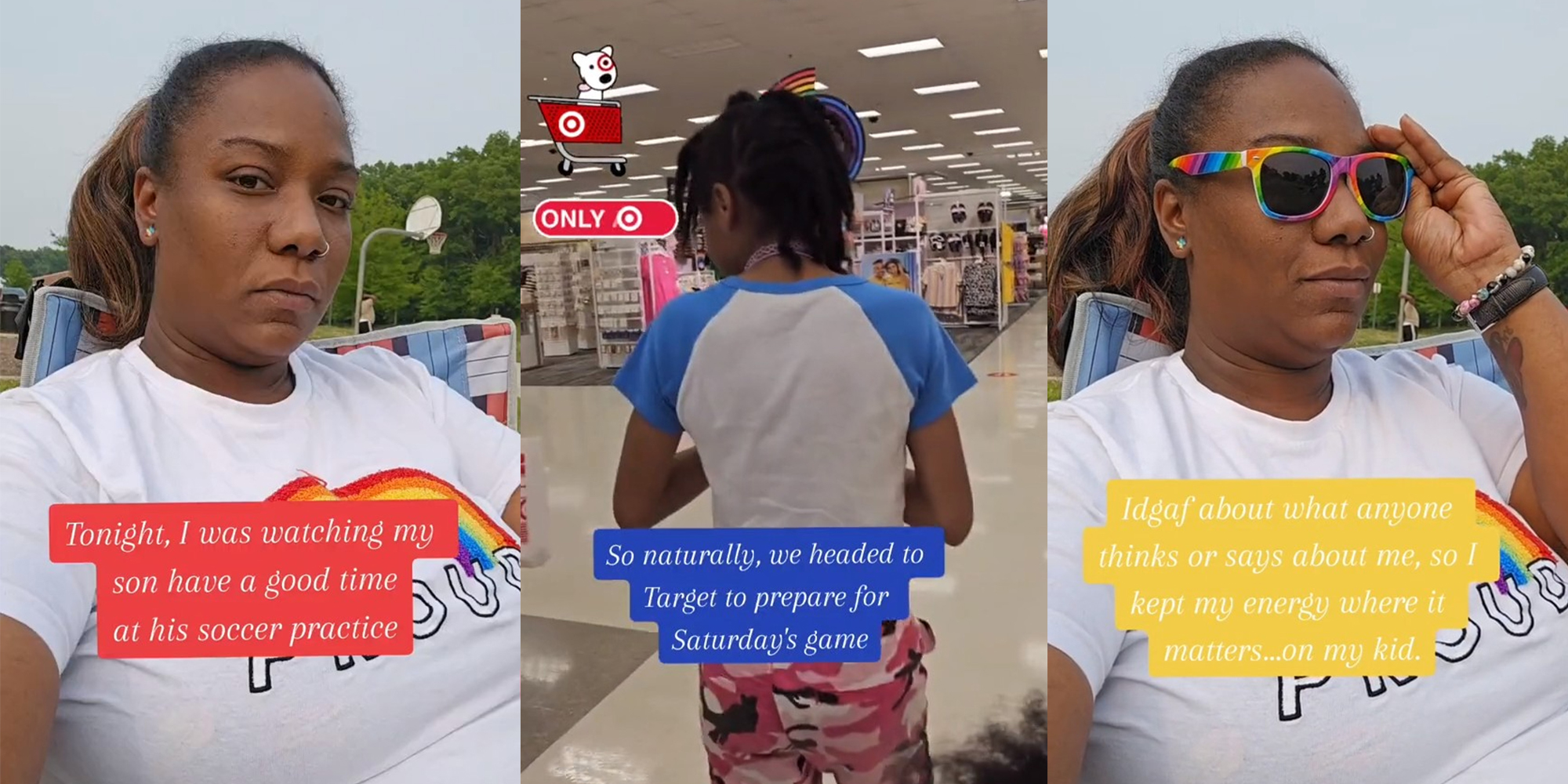 Black Woman wearing white proud shirt; kid buy in at target.